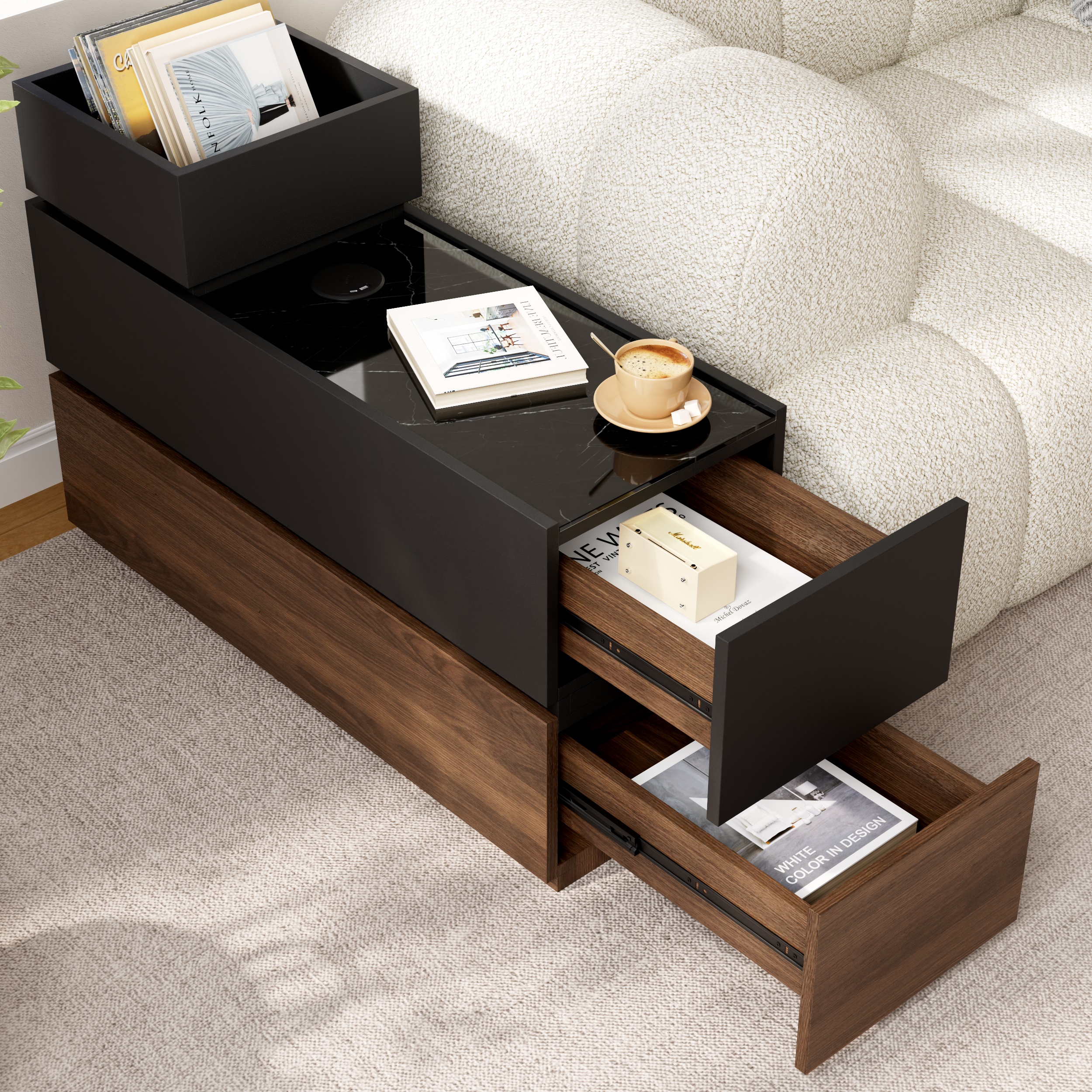 Sintered Stone Top Narrow Smart Side Table with Storage Modern Black & Walnut End Table with USB