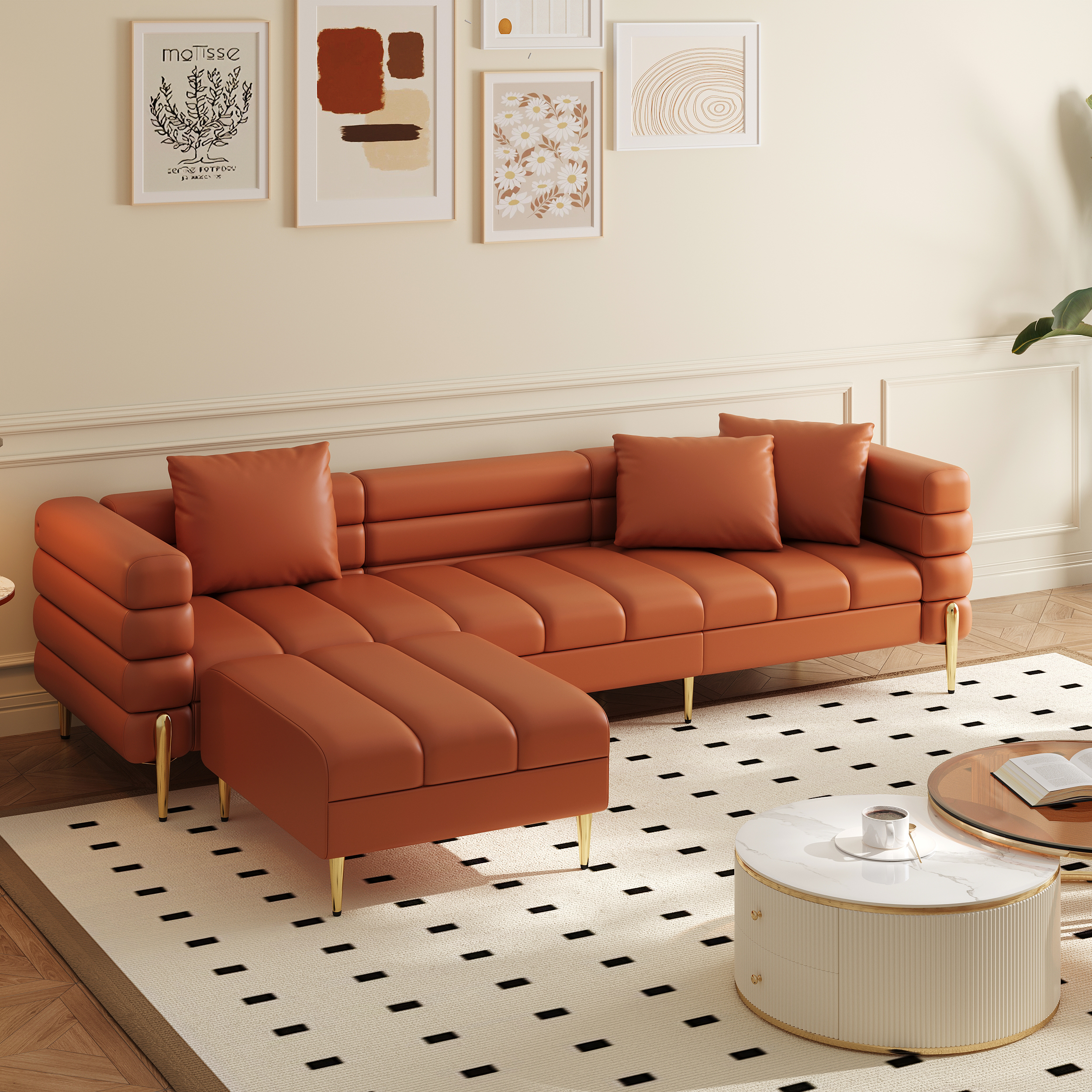 91" Faux Leather Modular 4-Piece L-Shaped Couch with Chaise Modern 3-Seater Sofa