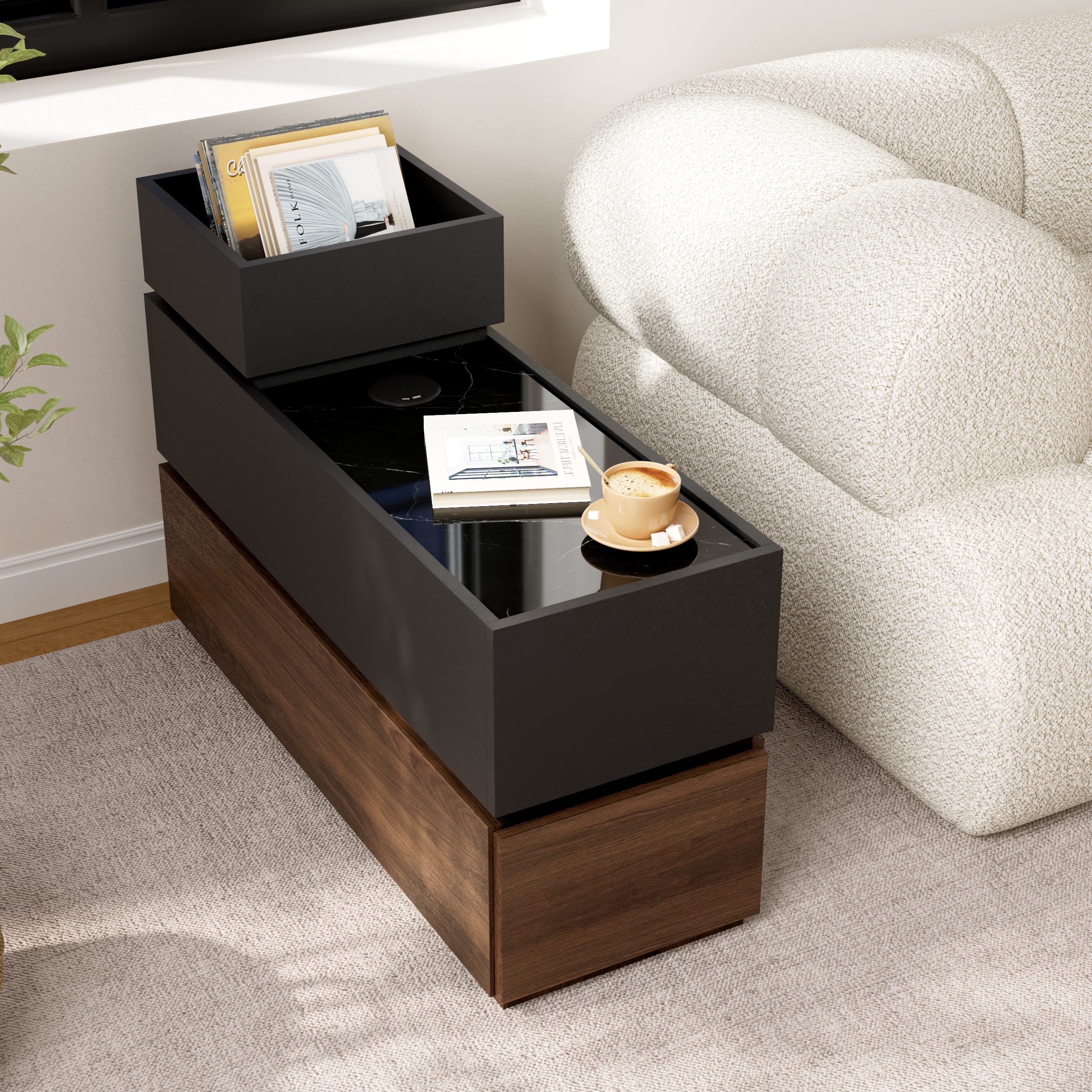 Sintered Stone Top Narrow Smart Side Table with Storage Modern Black & Walnut End Table with USB