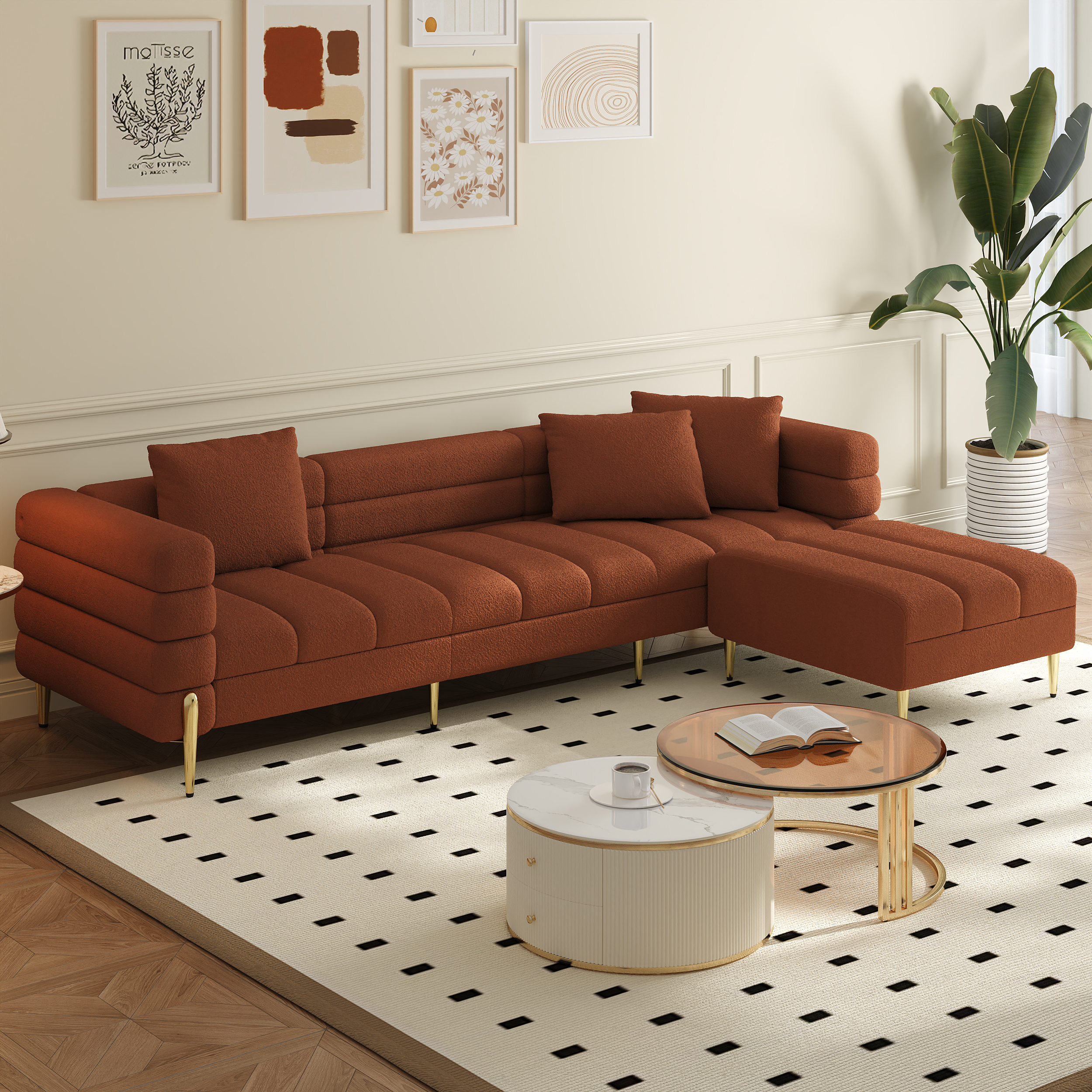 91" Boucle Modular 4-Piece L-Shaped Couch with Chaise Modern 3-Seater Sofa