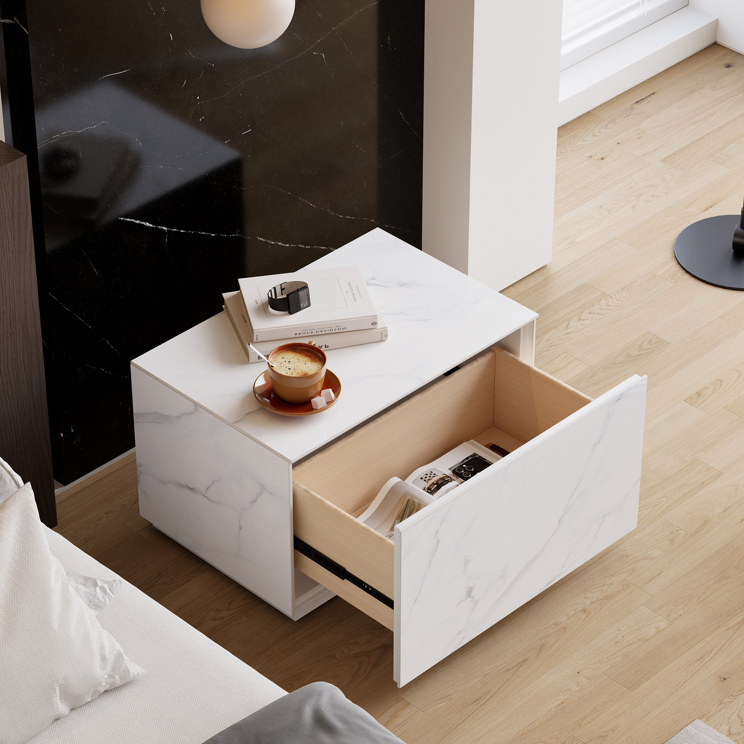 Modern White 23"W Sintered Stone Nightstand 1 Drawer Bedside Table