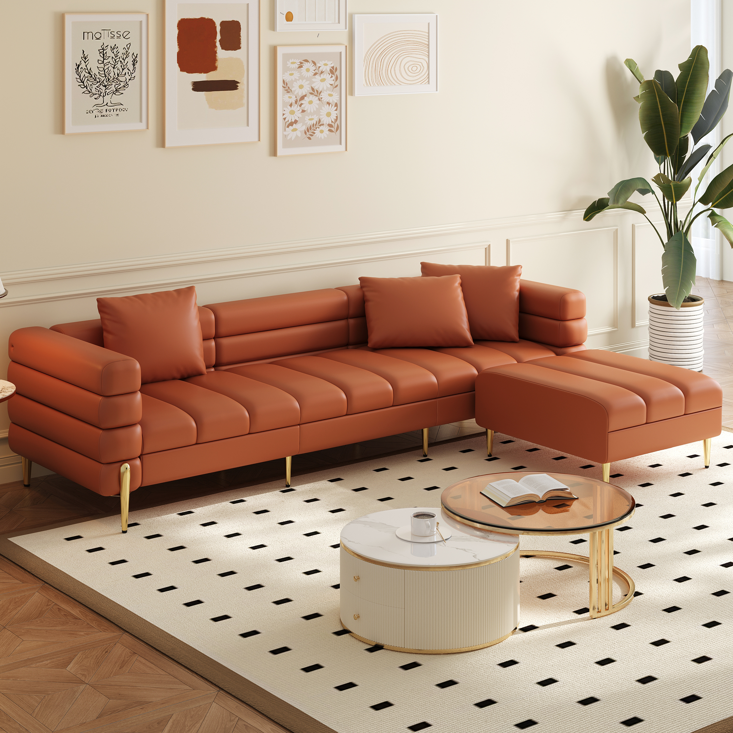 91" Faux Leather Modular 4-Piece L-Shaped Couch with Chaise Modern 3-Seater Sofa