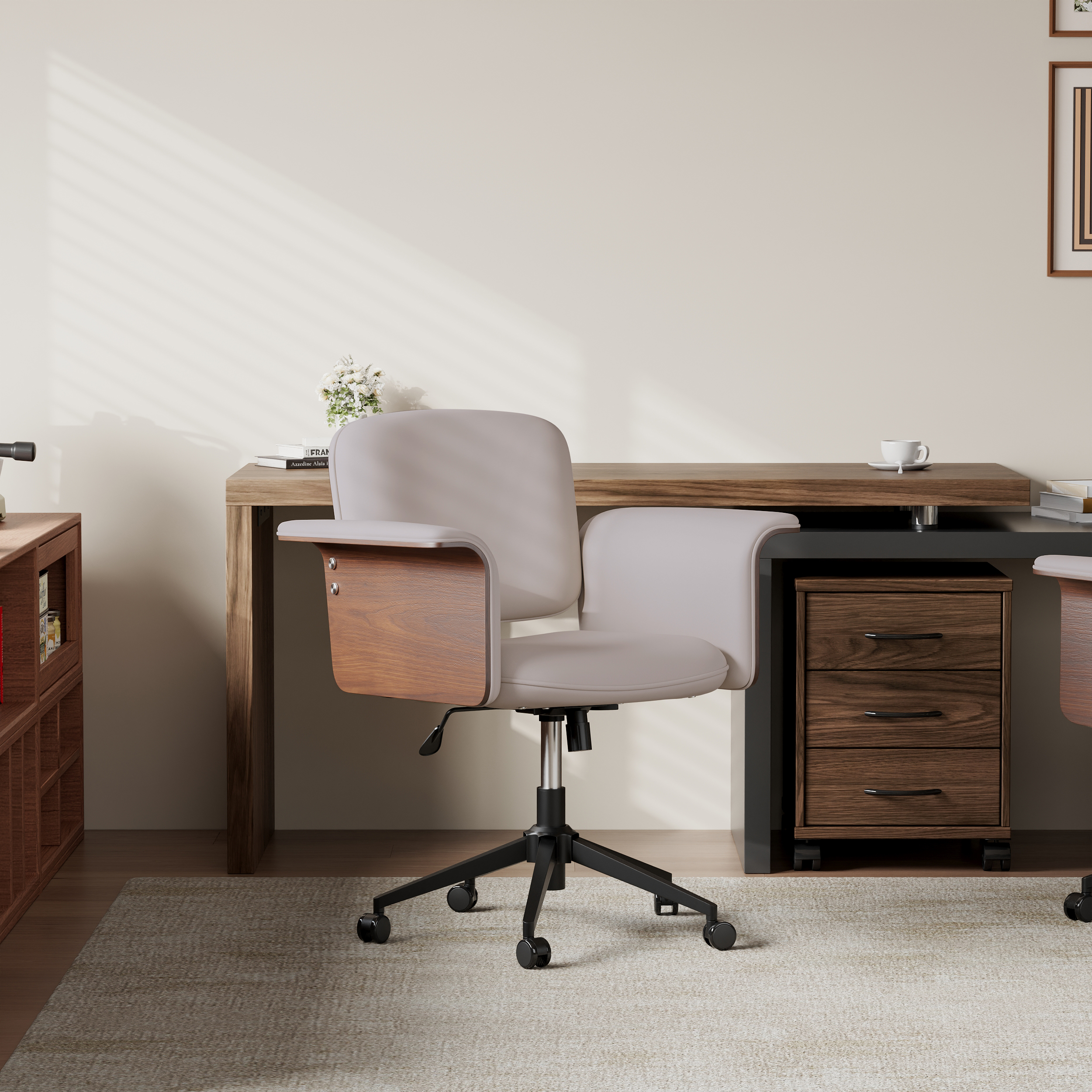 Adjustable Swivel Office Chair Wood & Faux Leather Ergonomic Office Desk Chair in Khaki
