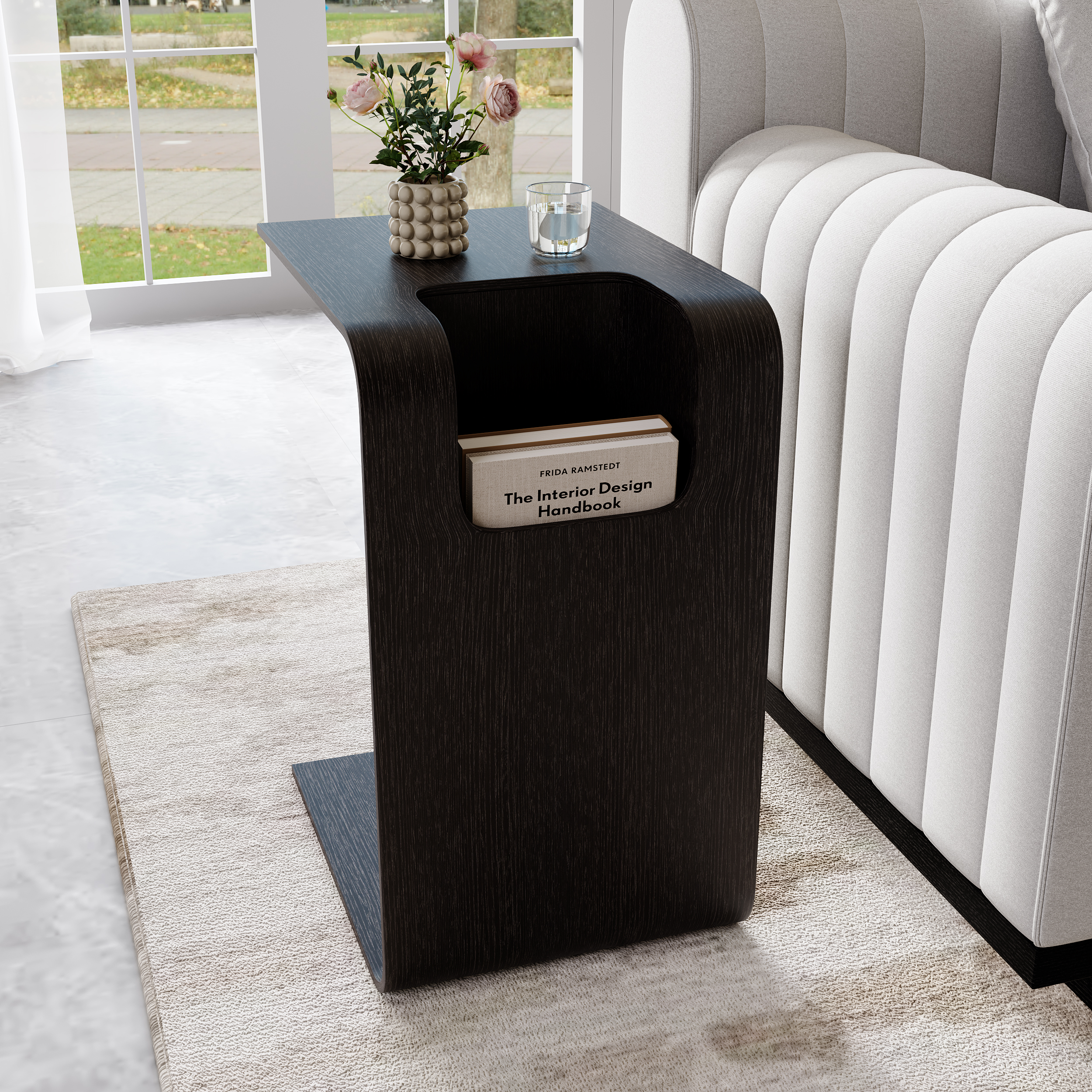 Oak Wood C-Style End Table with Magazine Rack Organizer C Side Table in Black