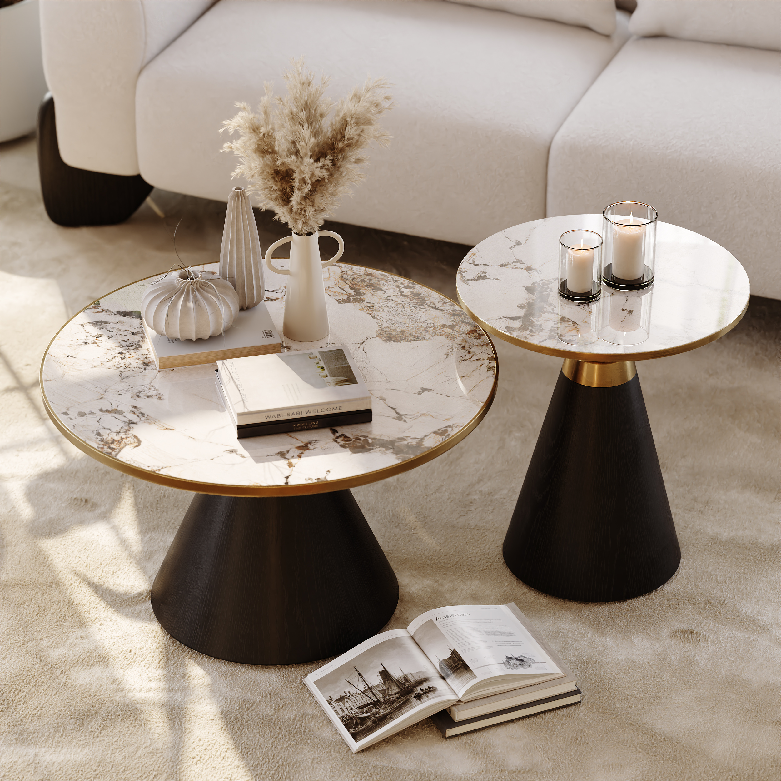 Sintered Stone Round Coffee Table 2 Pieces Set Modern Black Living Room Furniture