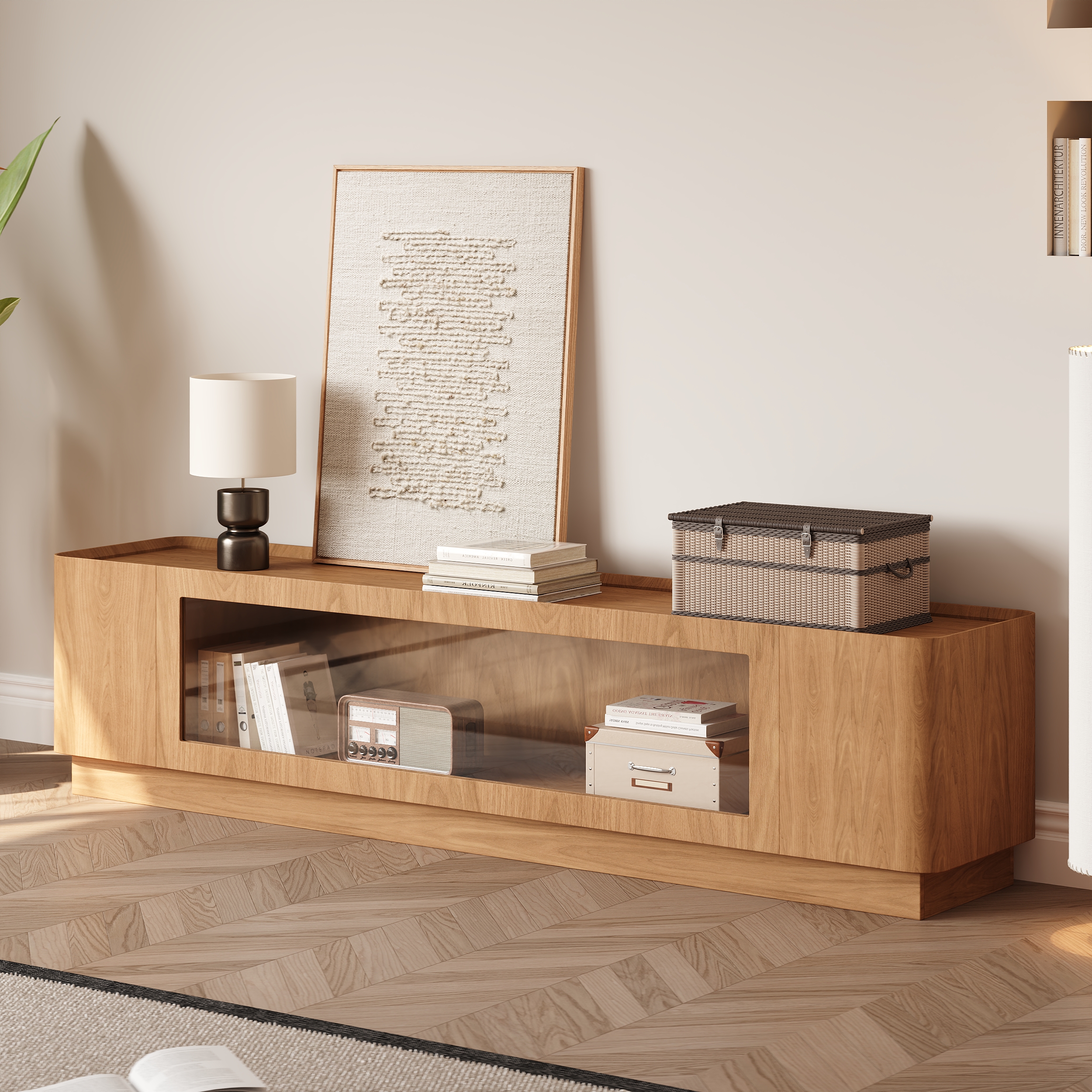 79'' Glass Door TV Stand Mid Century Modern Wood Media Console with Storage & LED