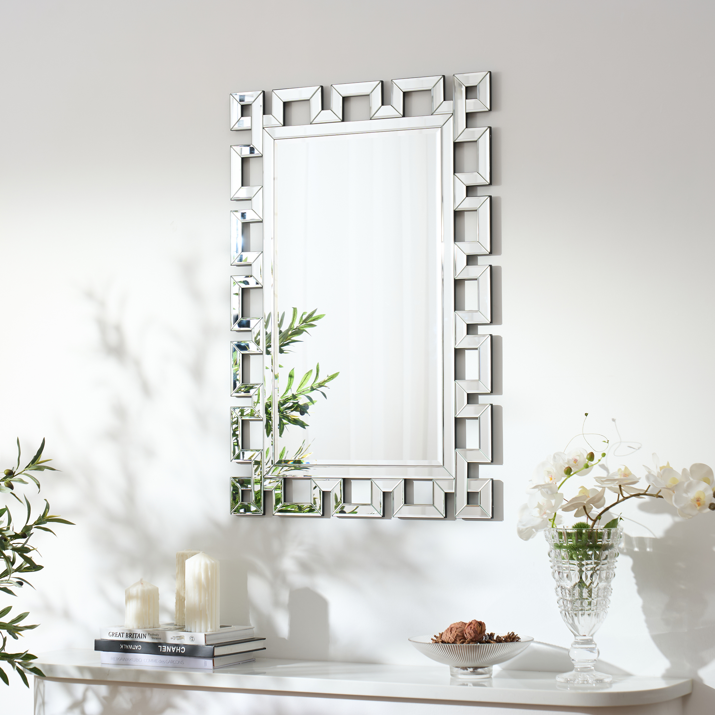 Rectangular 35" Decorative Wall Mirror with Geometric Beveled Frame