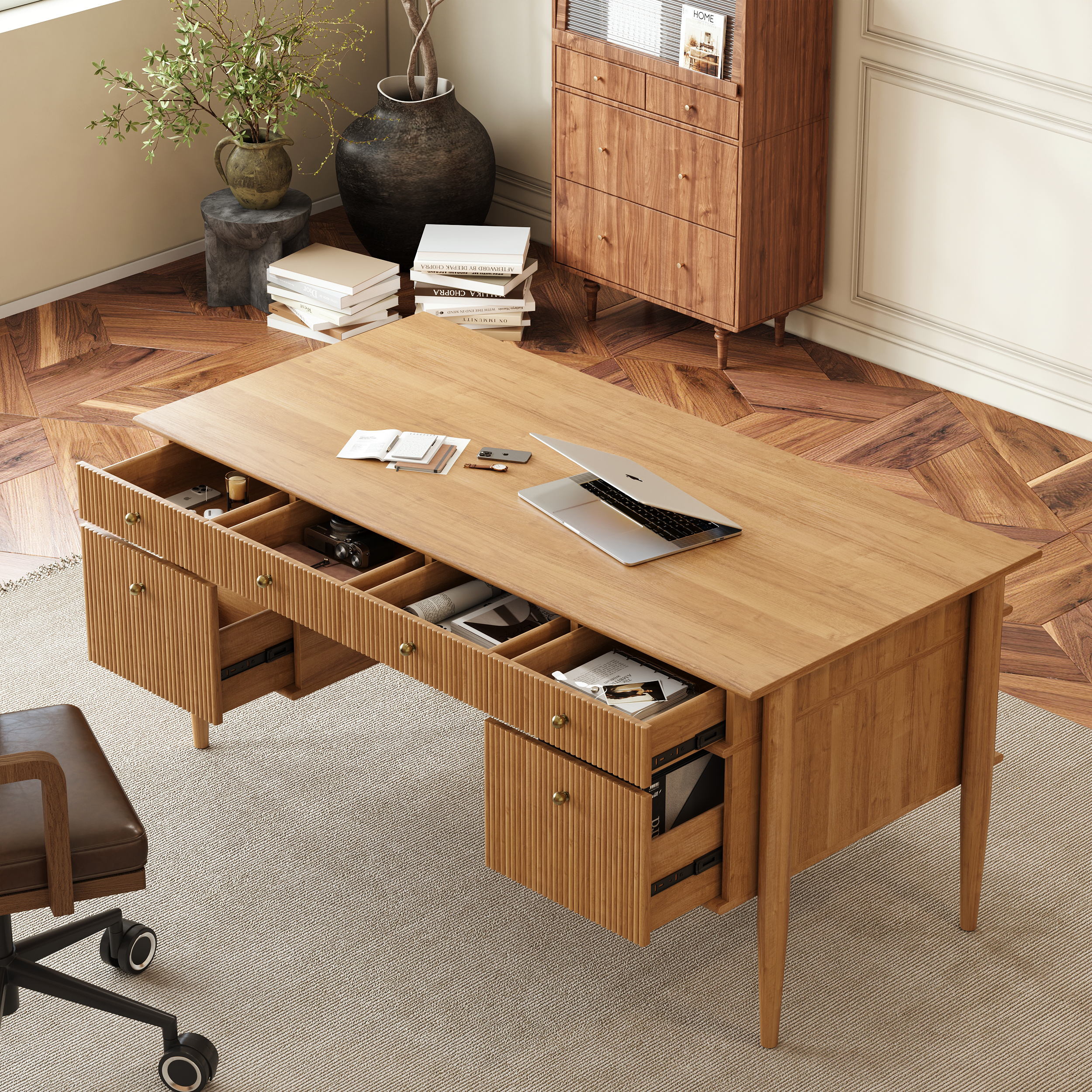 Mid-Century Solid Wood Home Office Desk with 6 Drawers Natural Executive Writing Desk