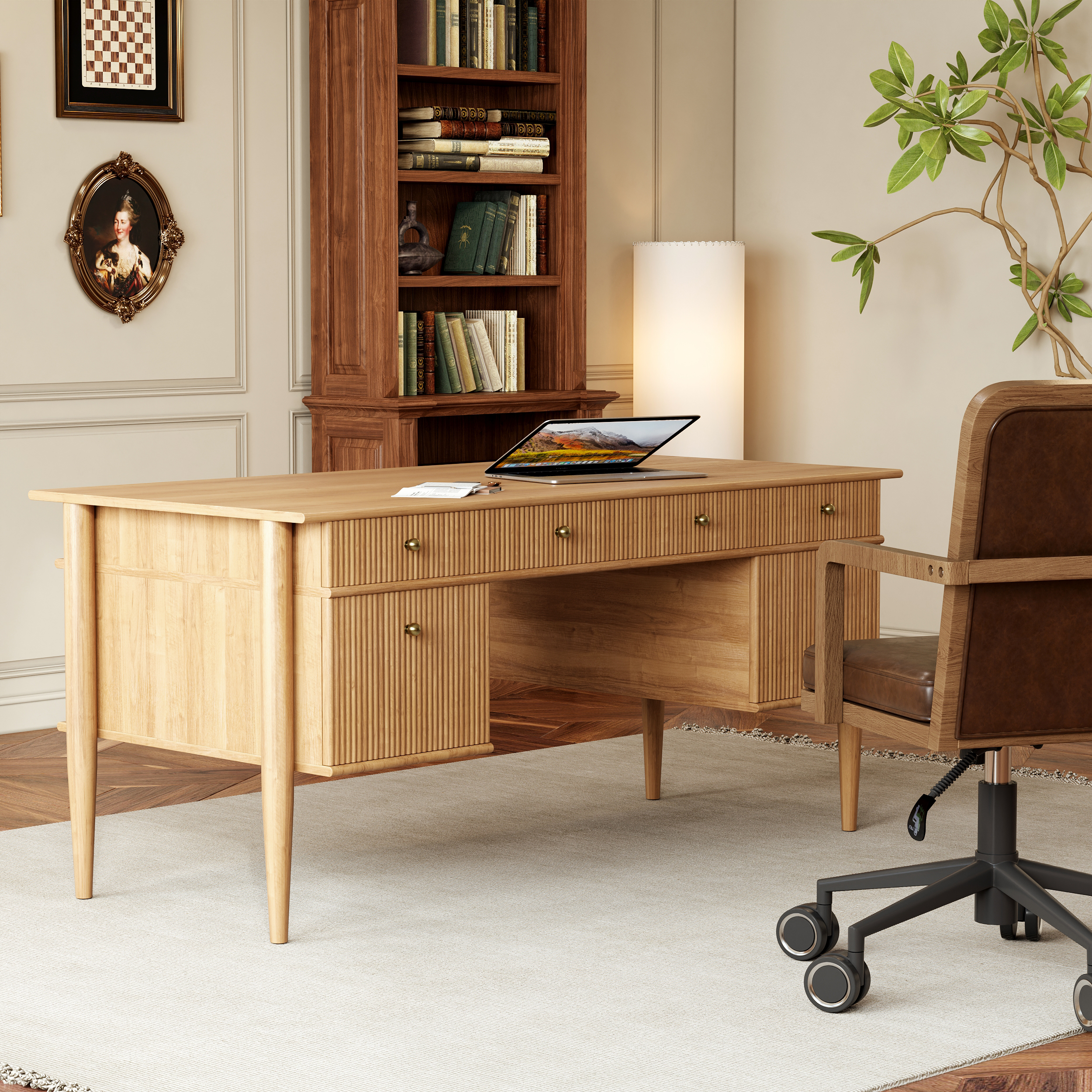 Mid-Century Solid Wood Home Office Desk with 6 Drawers Natural Executive Writing Desk