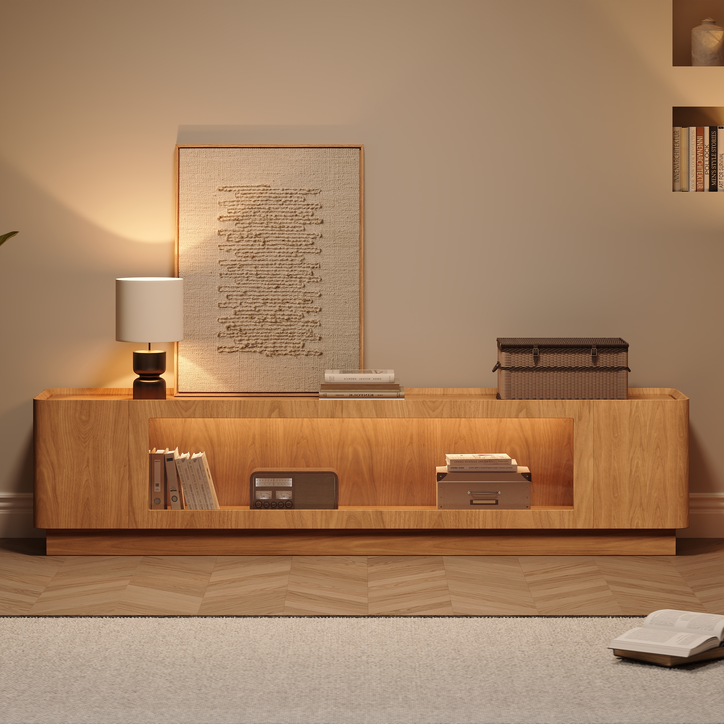 79'' Glass Door TV Stand Mid Century Modern Wood Media Console with Storage & LED