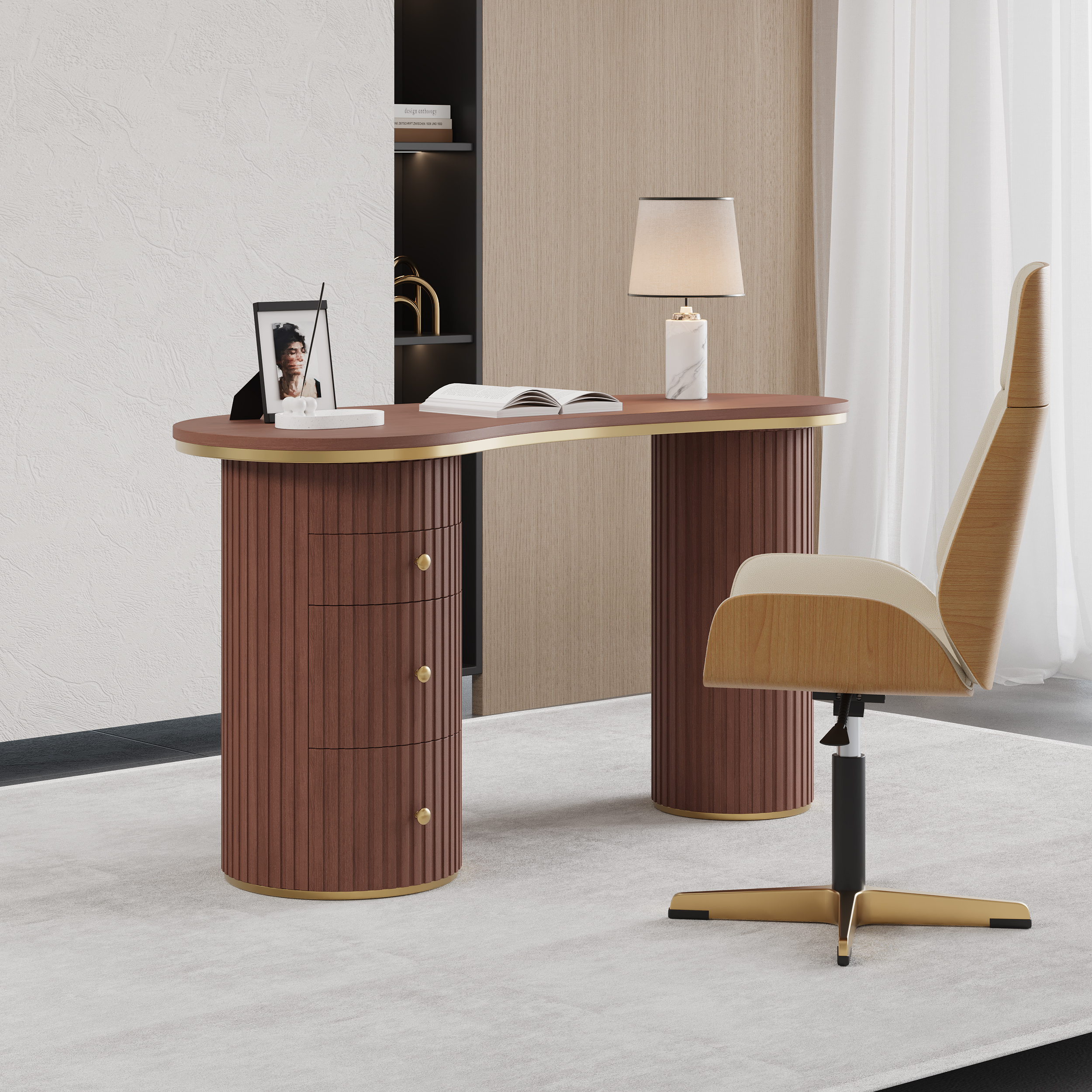 55.1" Modern Walnut Curved Desk 3-Drawer Wooden Home Office Desk Double Pedestal