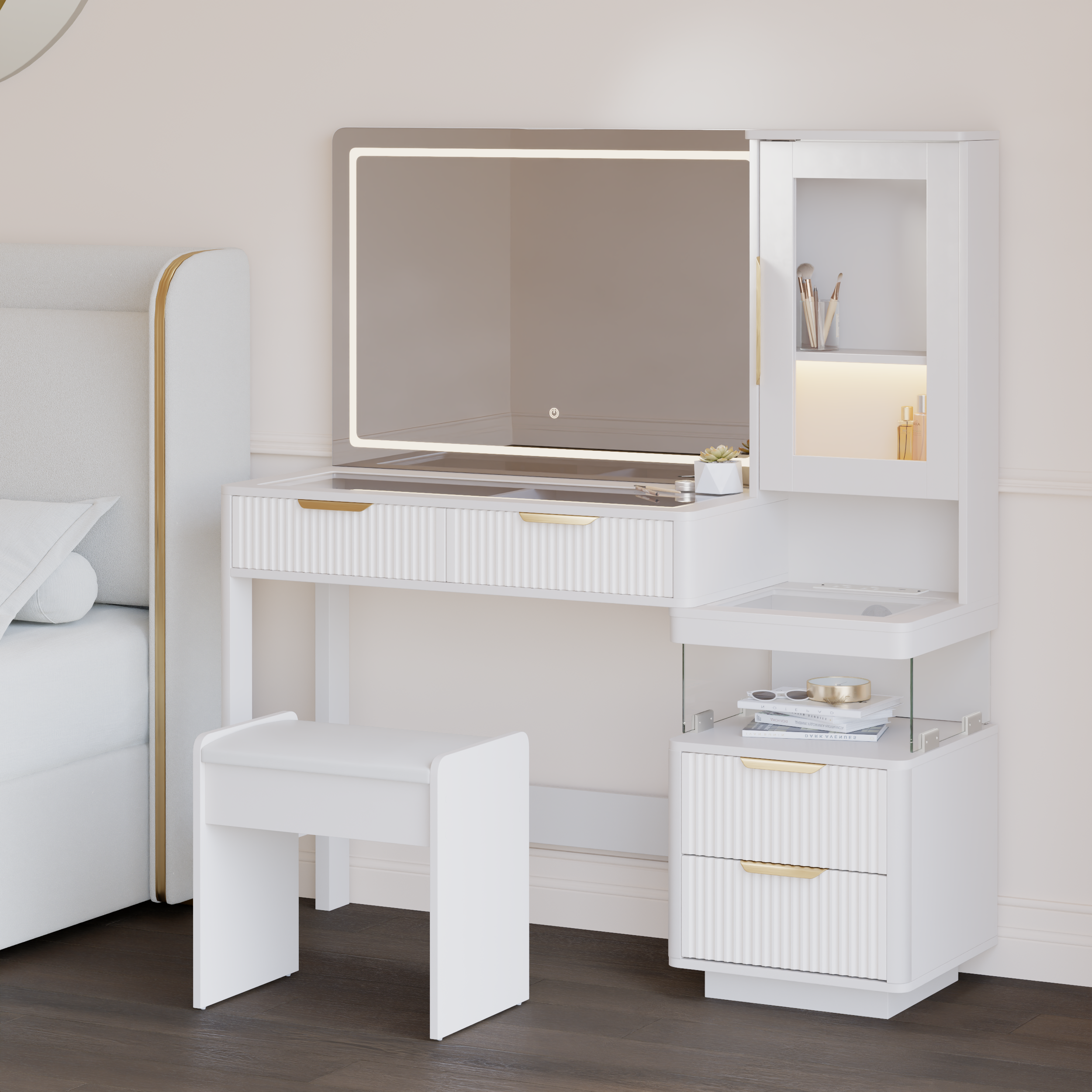 50" Fluted Makeup Vanity Set with Charger & LED Mirror