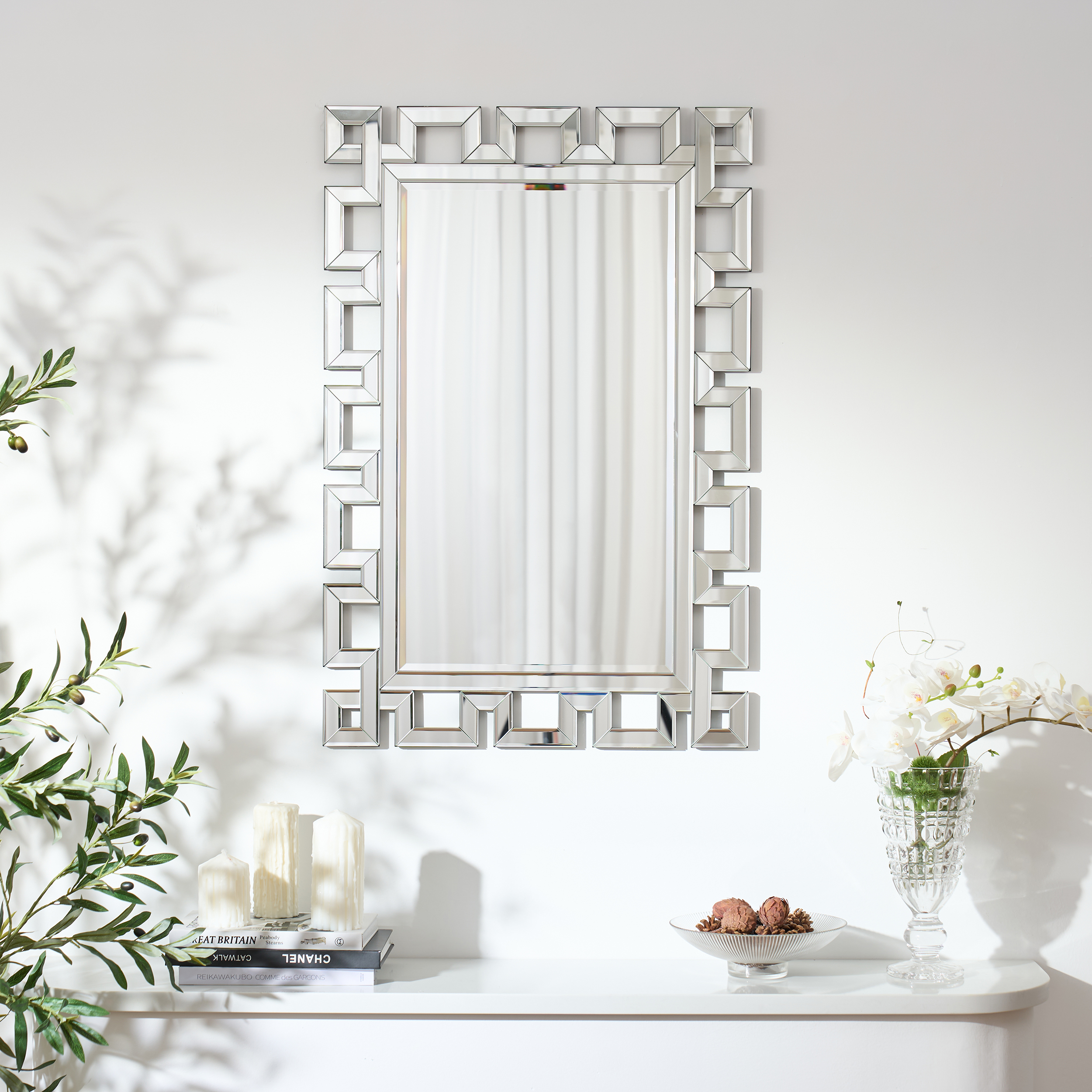Rectangular 35" Decorative Wall Mirror with Geometric Beveled Frame