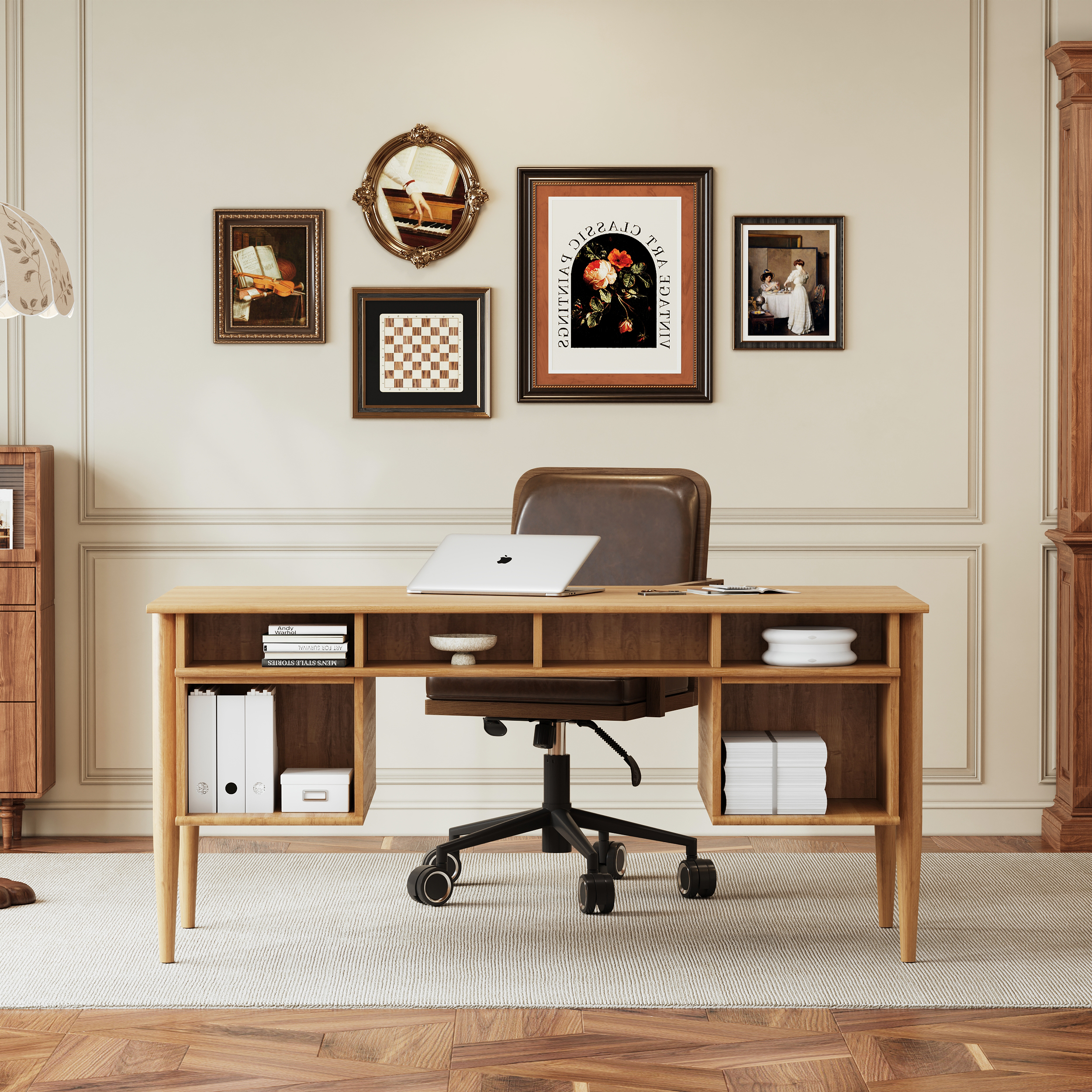 Mid-Century Solid Wood Home Office Desk with 6 Drawers Natural