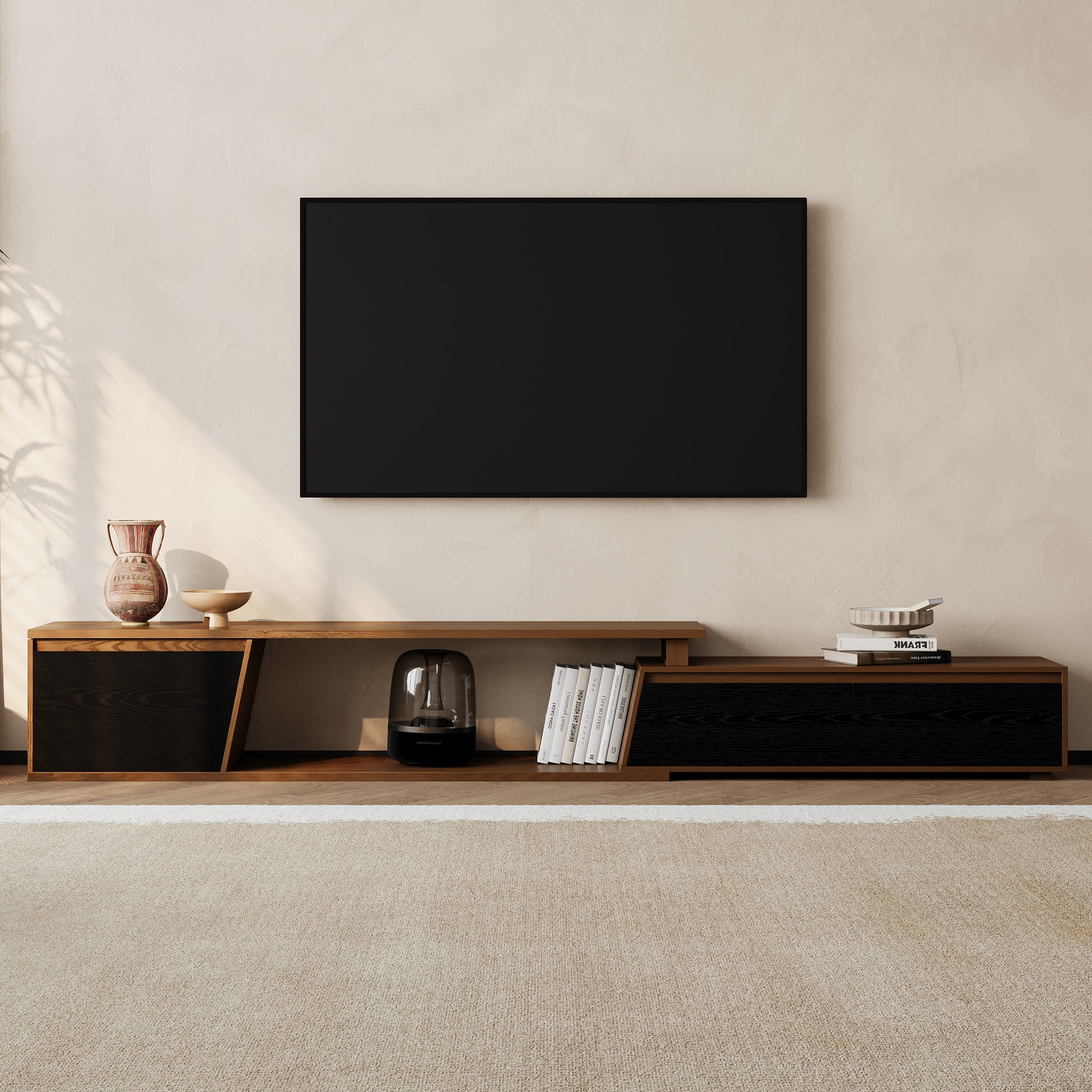 Fero Minimalist Black & Walnut Rectangle Reversible Extendable TV Stand with 3 Drawers Up
