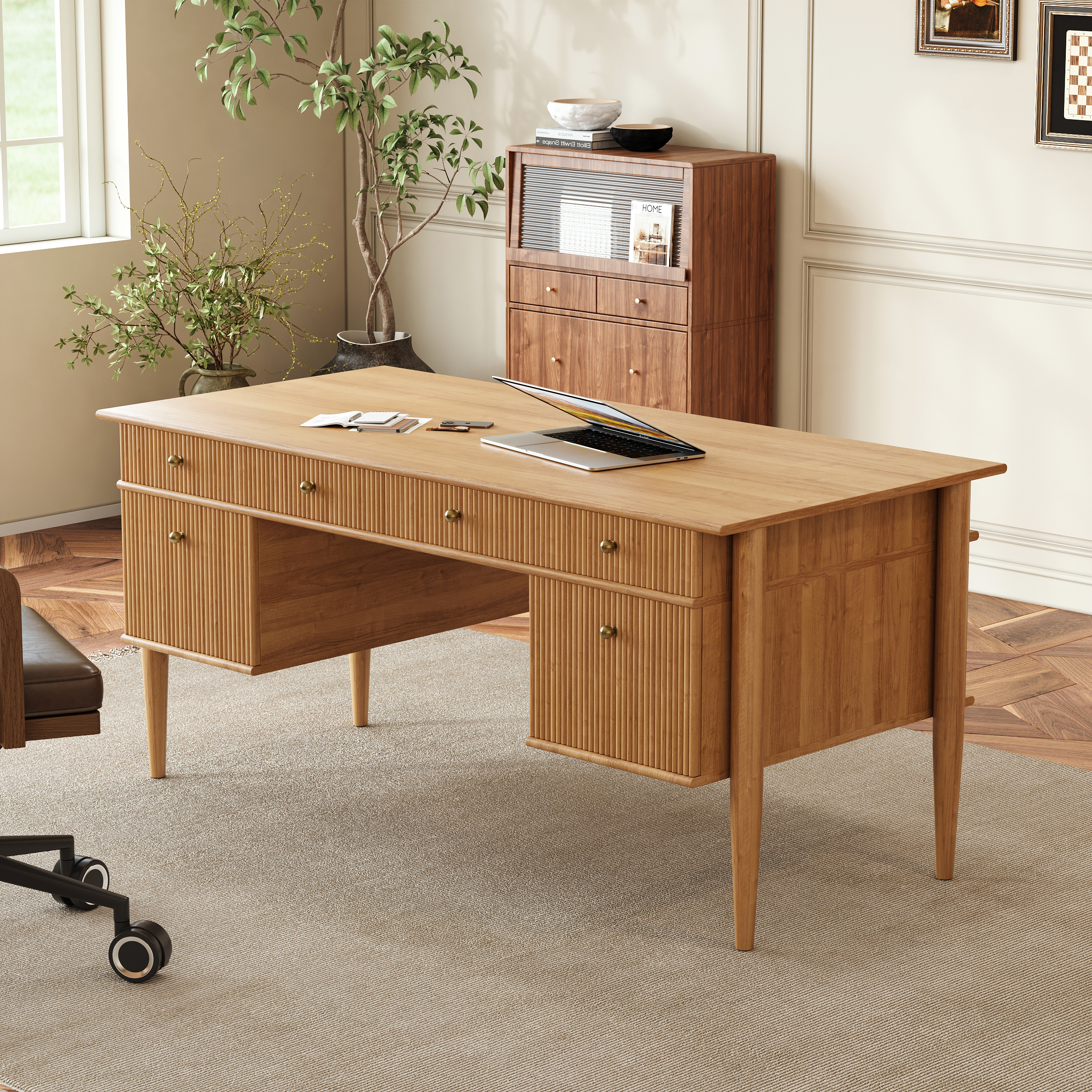Mid-Century Solid Wood Home Office Desk with 6 Drawers Natural Executive Writing Desk
