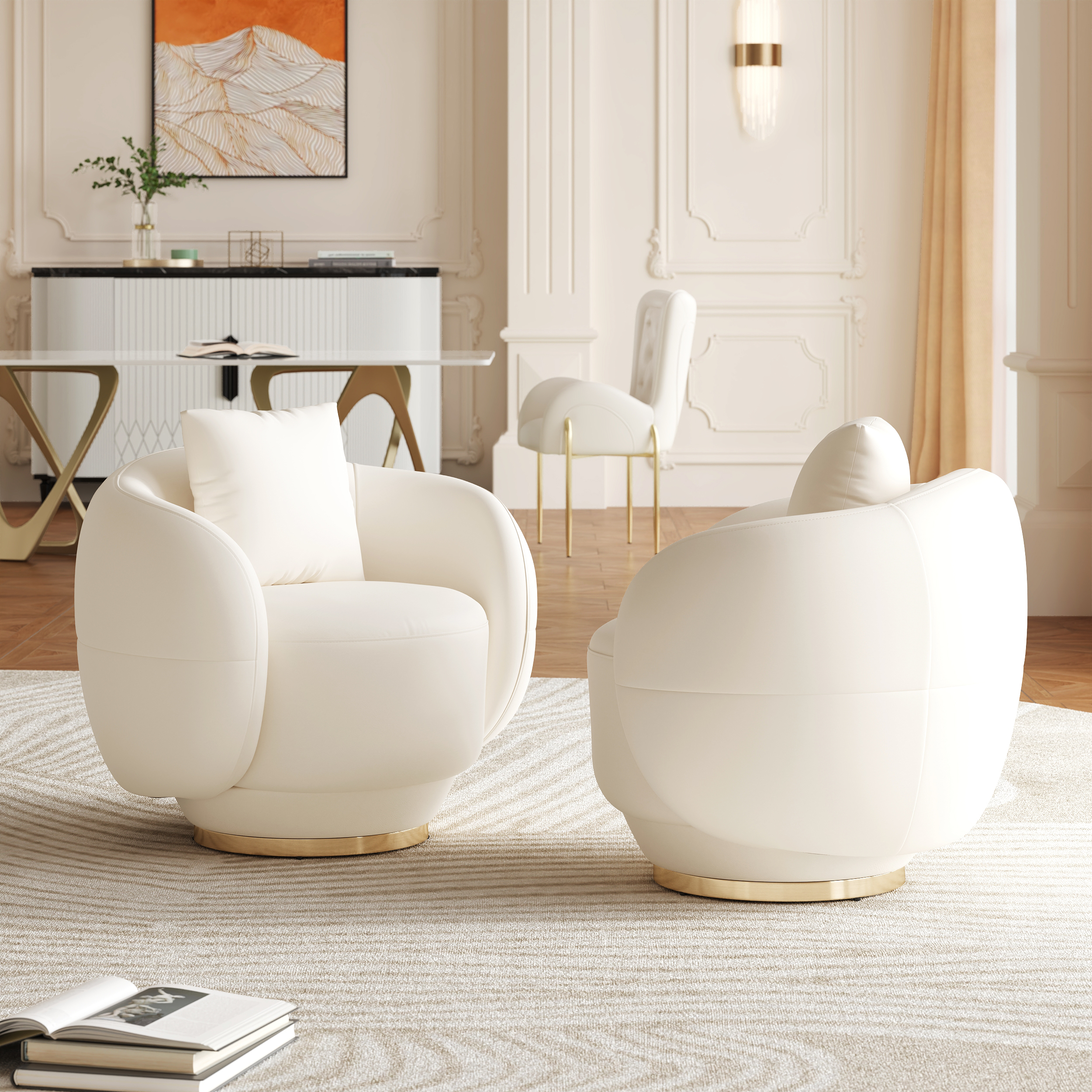 Swivel Barrel Accent Chair Faux Leather Armchair for Living Room in Warm White Set of 2