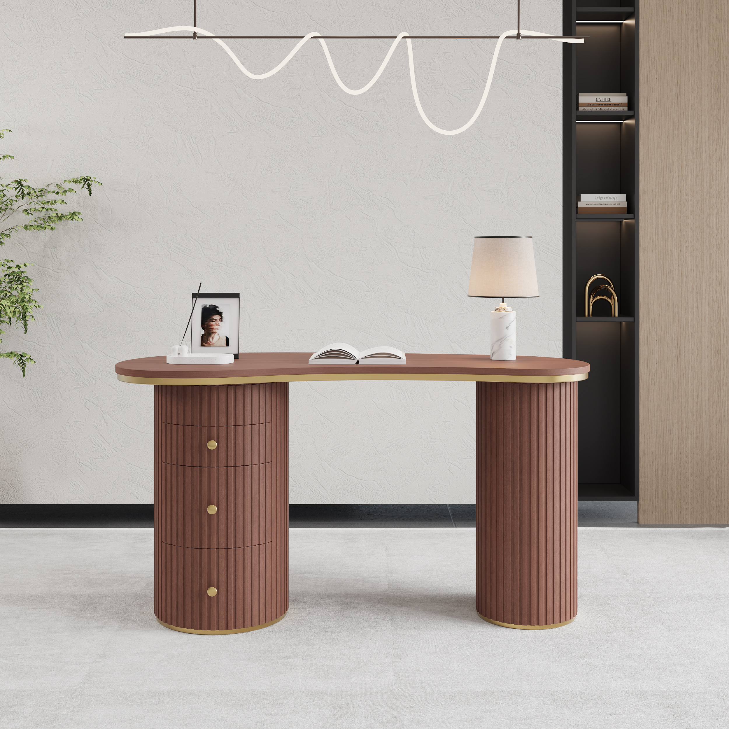 55.1" Modern Walnut Curved Desk 3-Drawer Wooden Home Office Desk Double Pedestal
