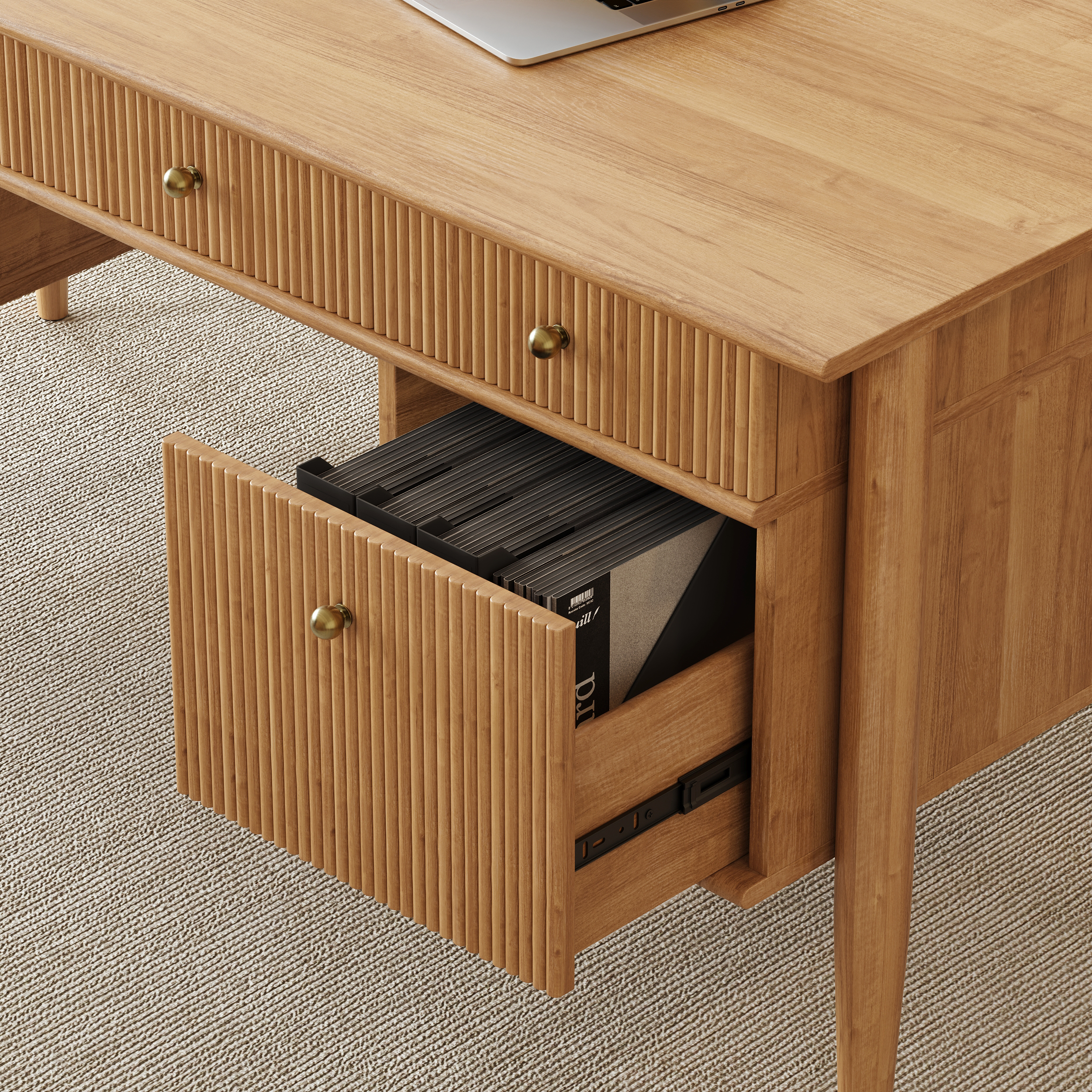 Mid-Century Solid Wood Home Office Desk with 6 Drawers Natural Executive  Writing Desk (64\, image size:2500x2500