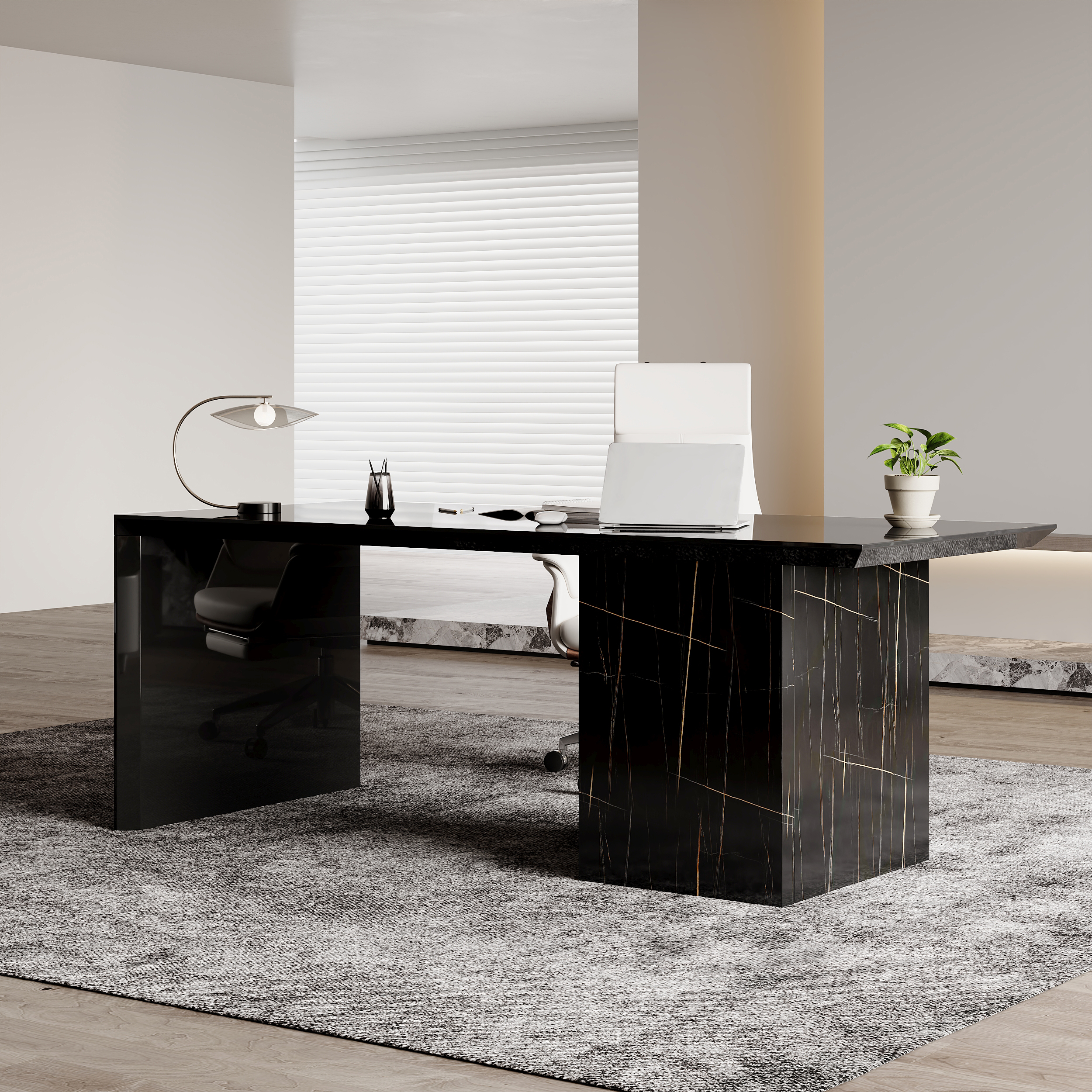 Modern Glossy Black Wooden Home Office Desk with Movable File Cabinet Office Furniture