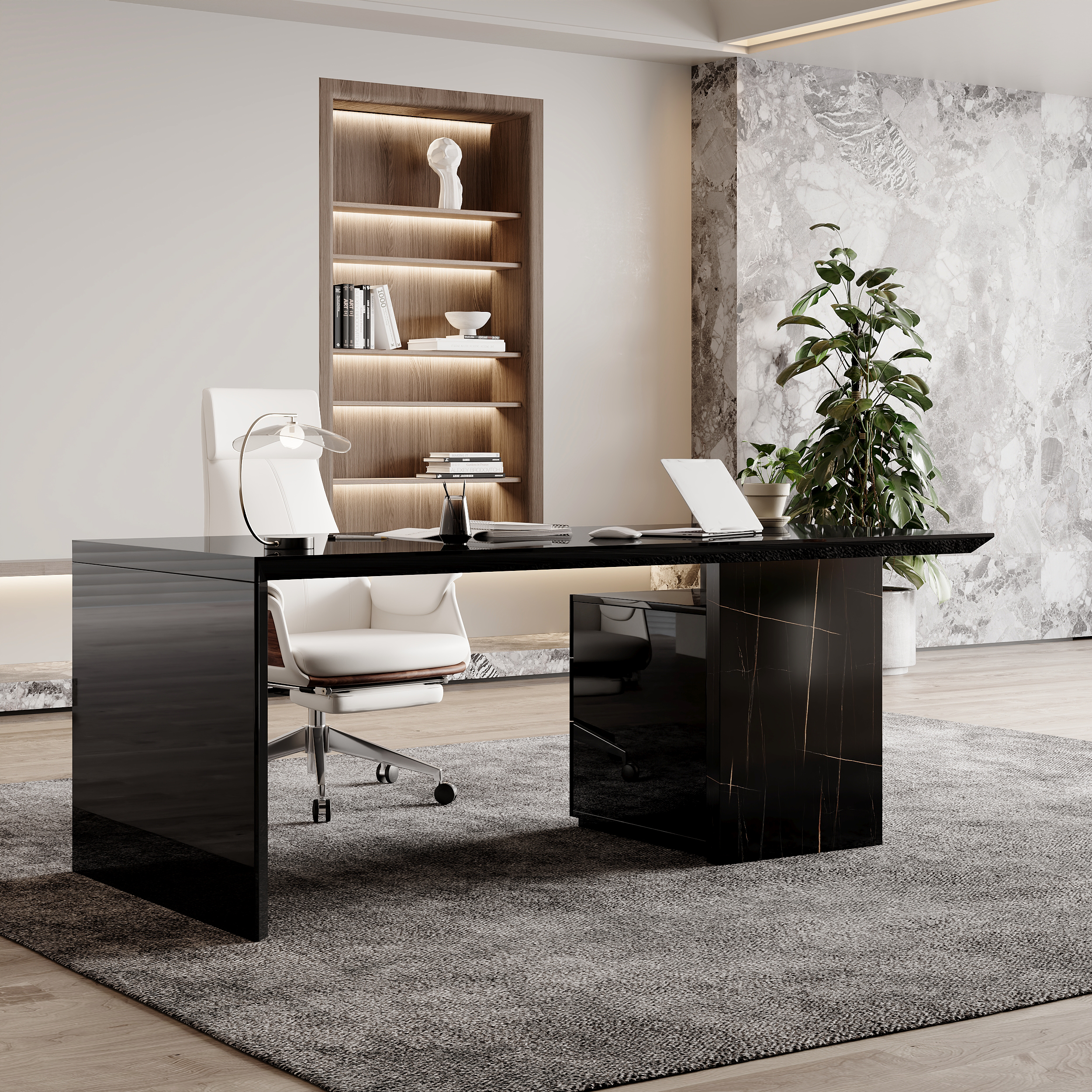Modern Glossy Black Wooden Home Office Desk with Movable File Cabinet Office Furniture