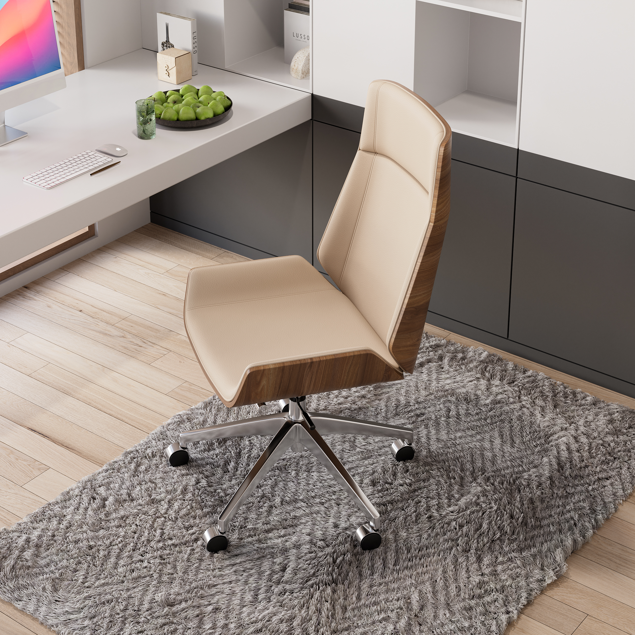 Khaki Faux Leather Office Chair Desk Chair with Wheels & Adjustable Height