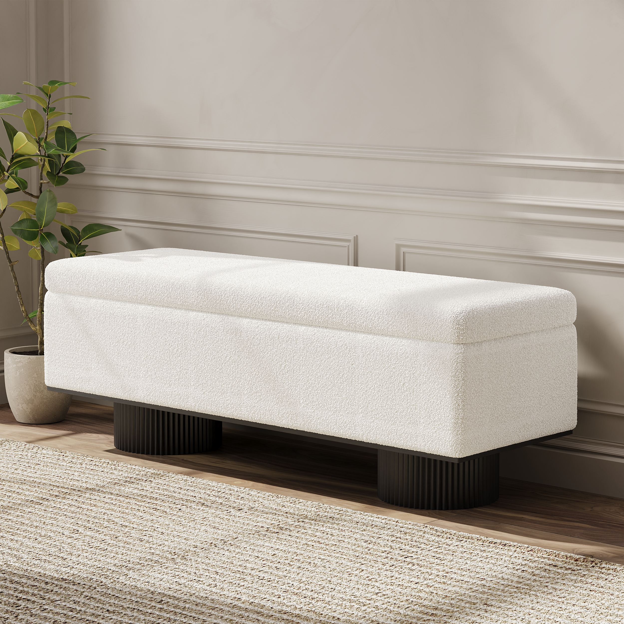 Banco de entrada de almacenamiento en forma de boucle y mueble de entrada de madera en blanco