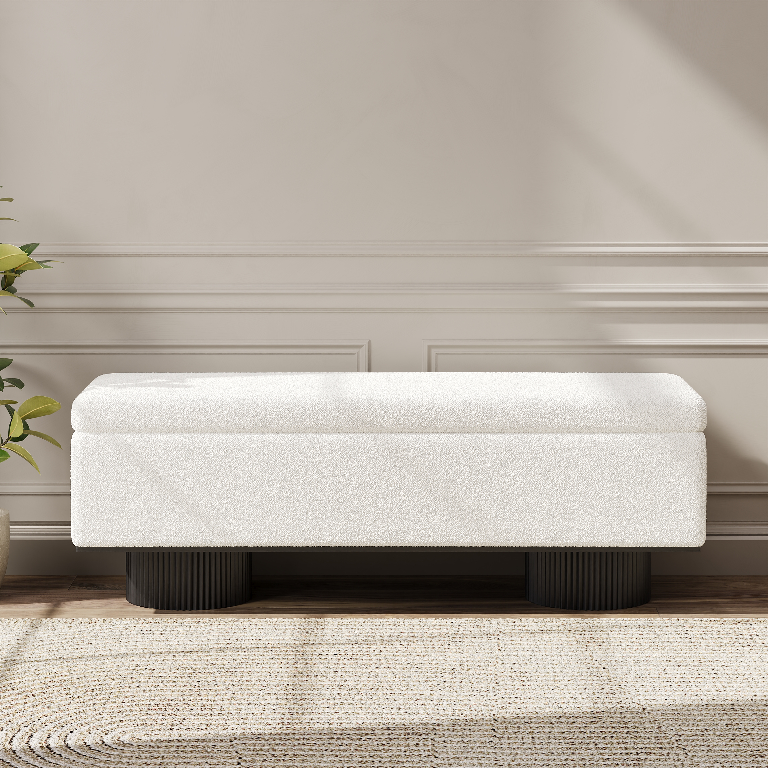 Storage Entryway Bench Boucle & Wood Entryway Furniture in White