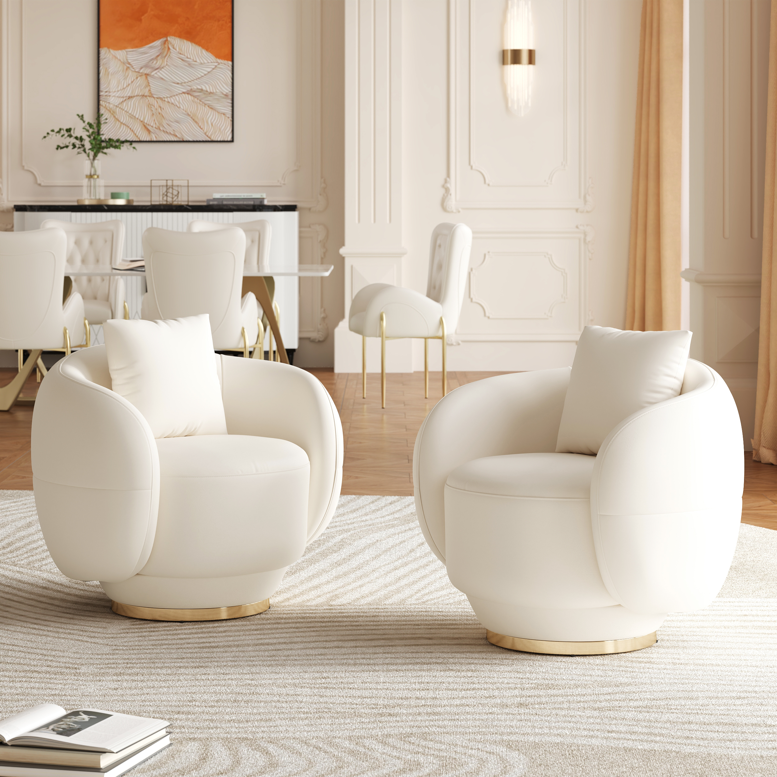 Swivel Barrel Accent Chair Faux Leather Armchair for Living Room in Warm White (35" Wide)