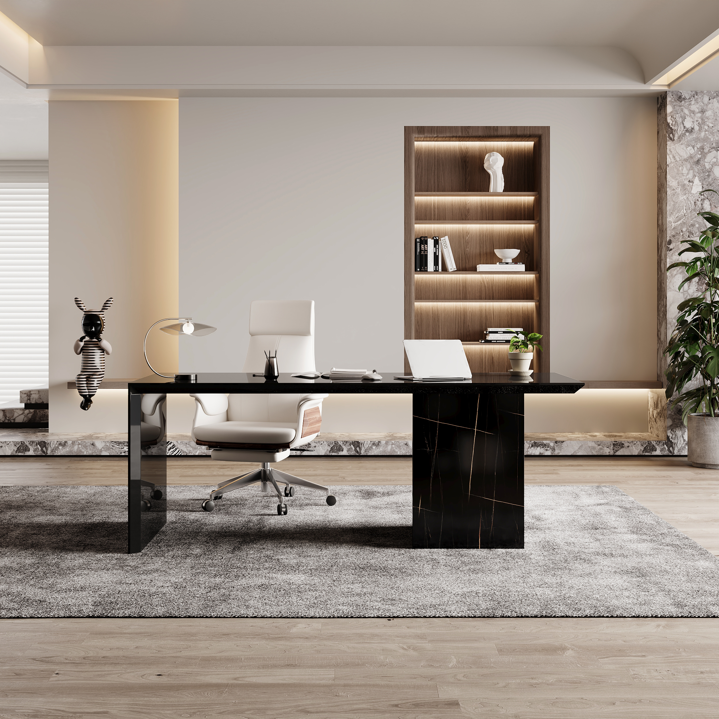 Modern Glossy Black Wooden Home Office Desk with Movable File Cabinet Office Furniture