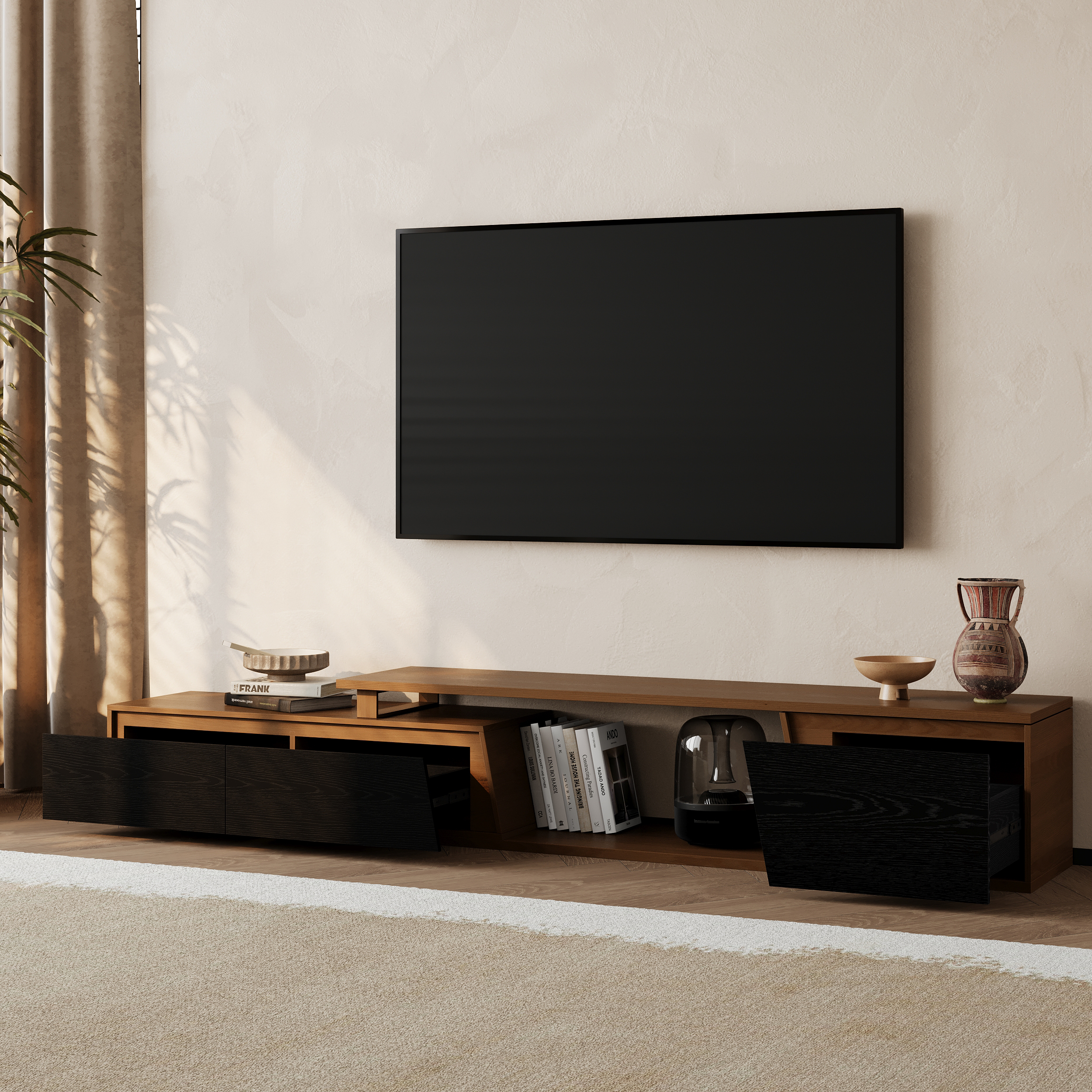 Fero Minimalist Black & Walnut Rectangle Reversible Extendable TV Stand with 3 Drawers Up