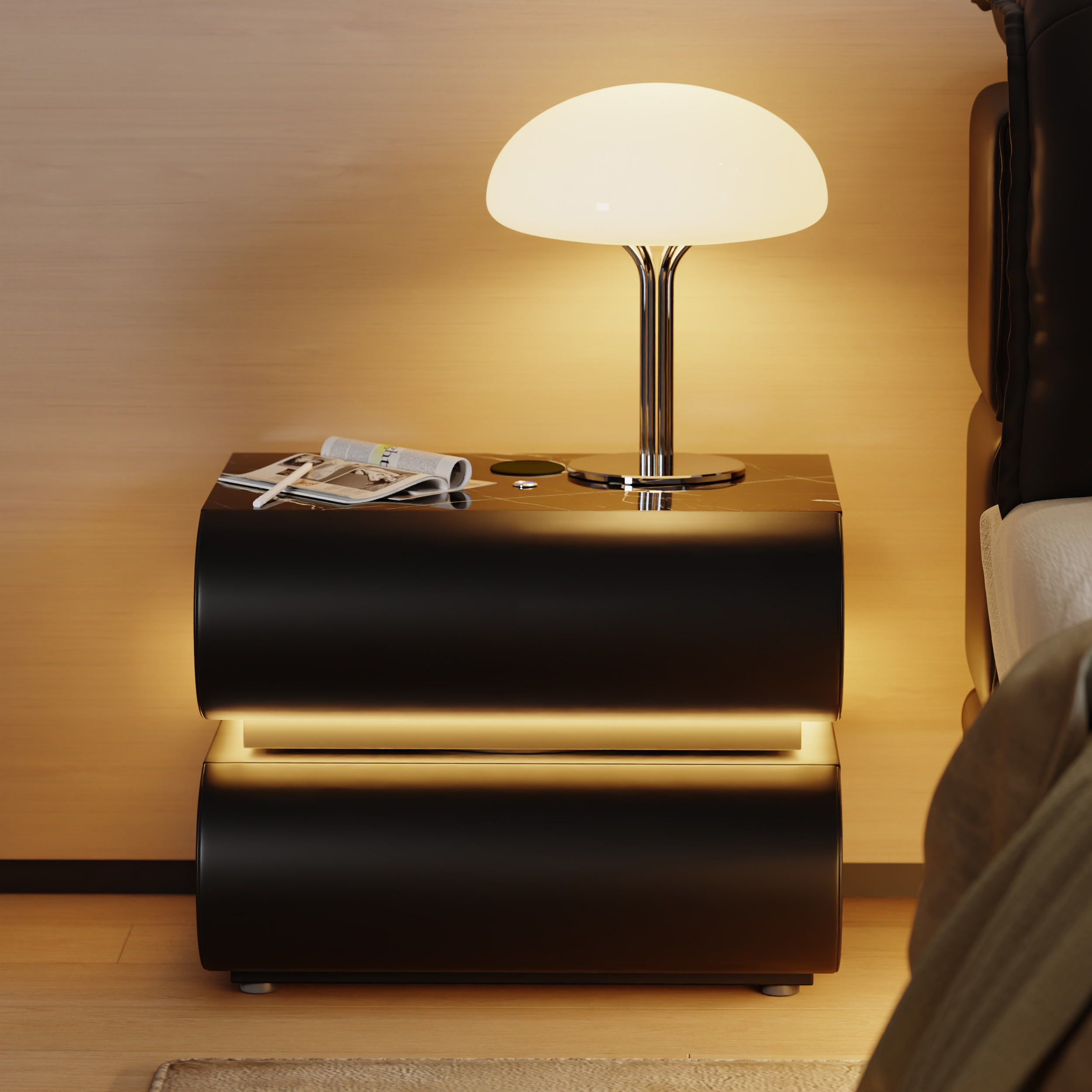 Modern White Leather Smart LED Nightstand with Wireless Charger 2 Drawers Bedside Table with USB &