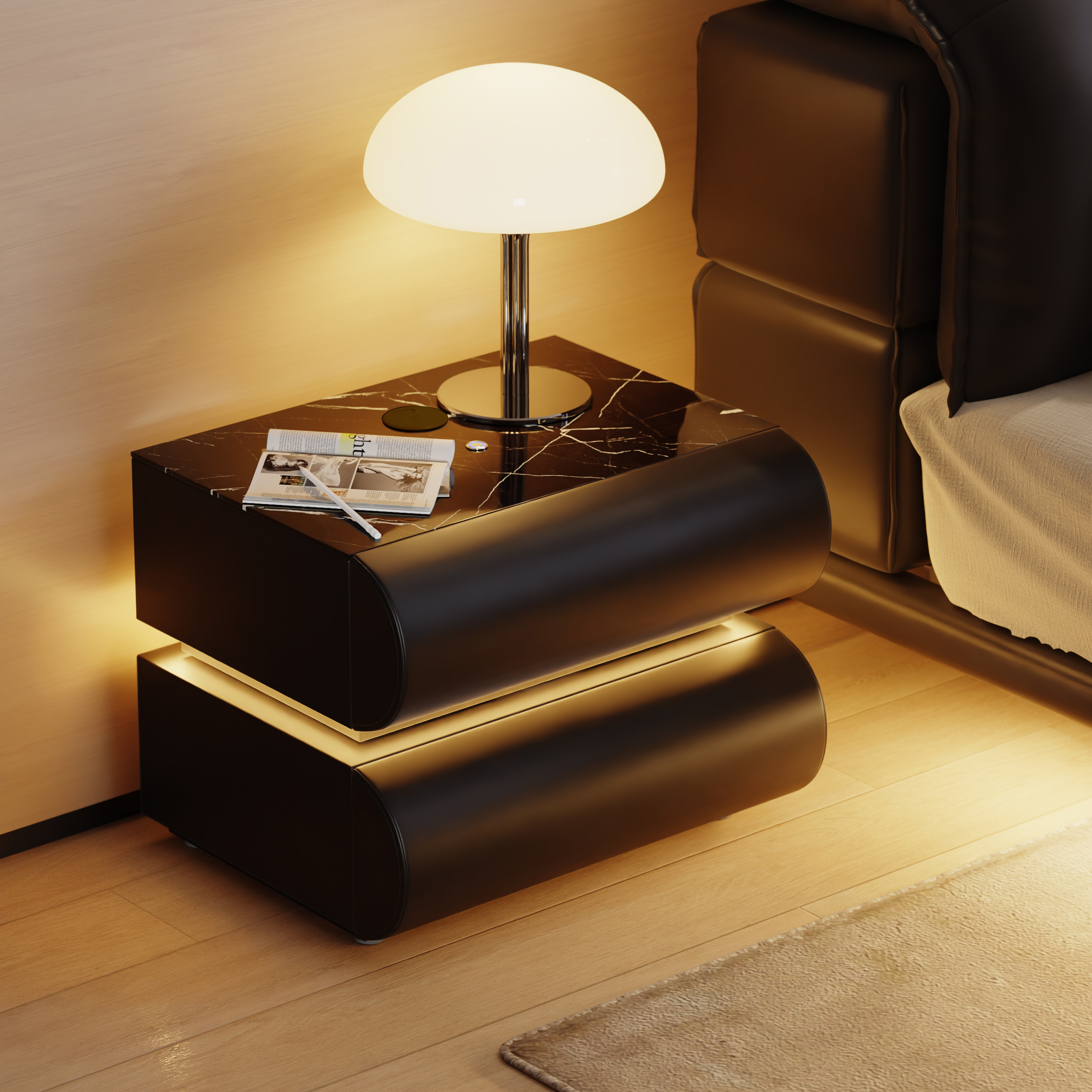 Modern White Leather Smart LED Nightstand with Wireless Charger 2 Drawers Bedside Table with USB &