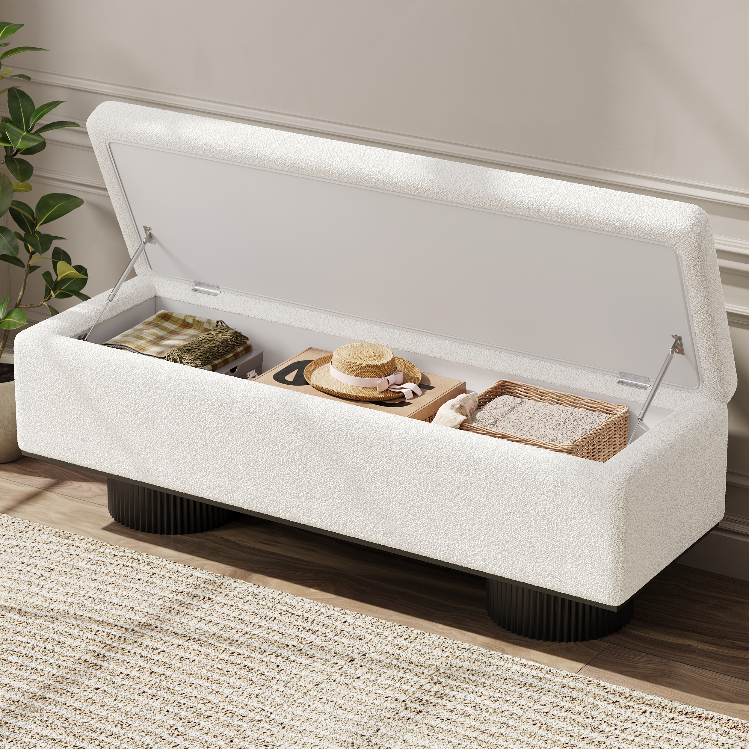 Storage Entryway Bench Boucle & Wood Entryway Furniture in White