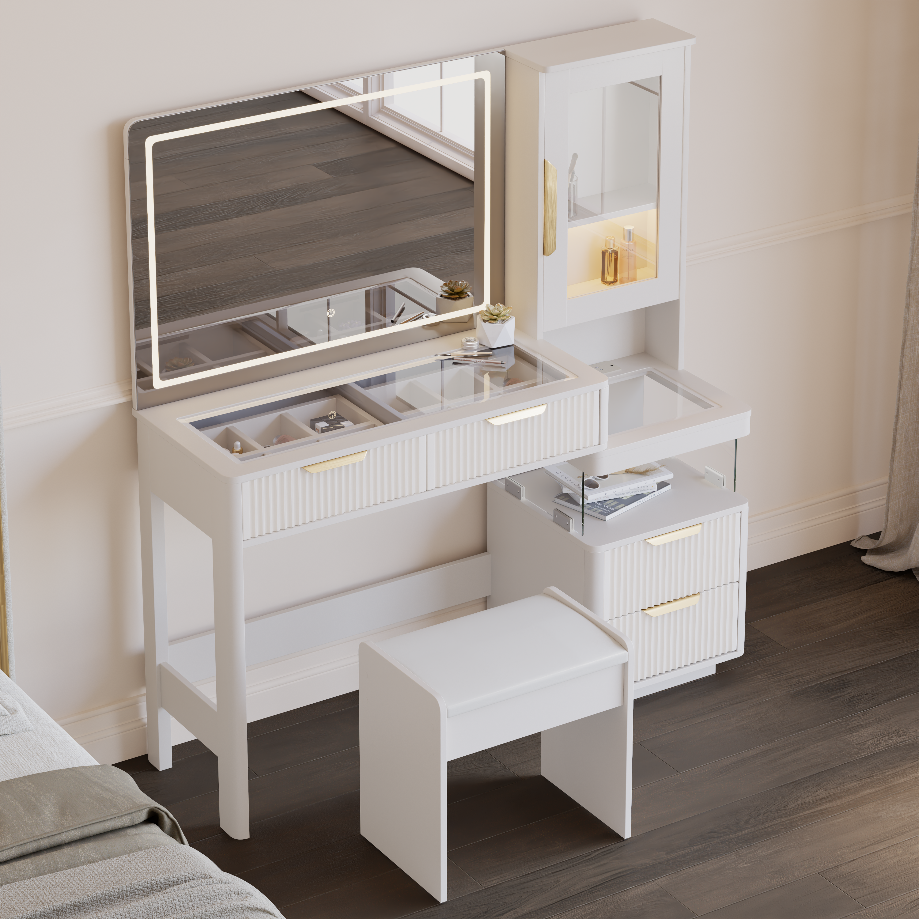 50" Fluted Makeup Vanity Set with Charger & LED Mirror