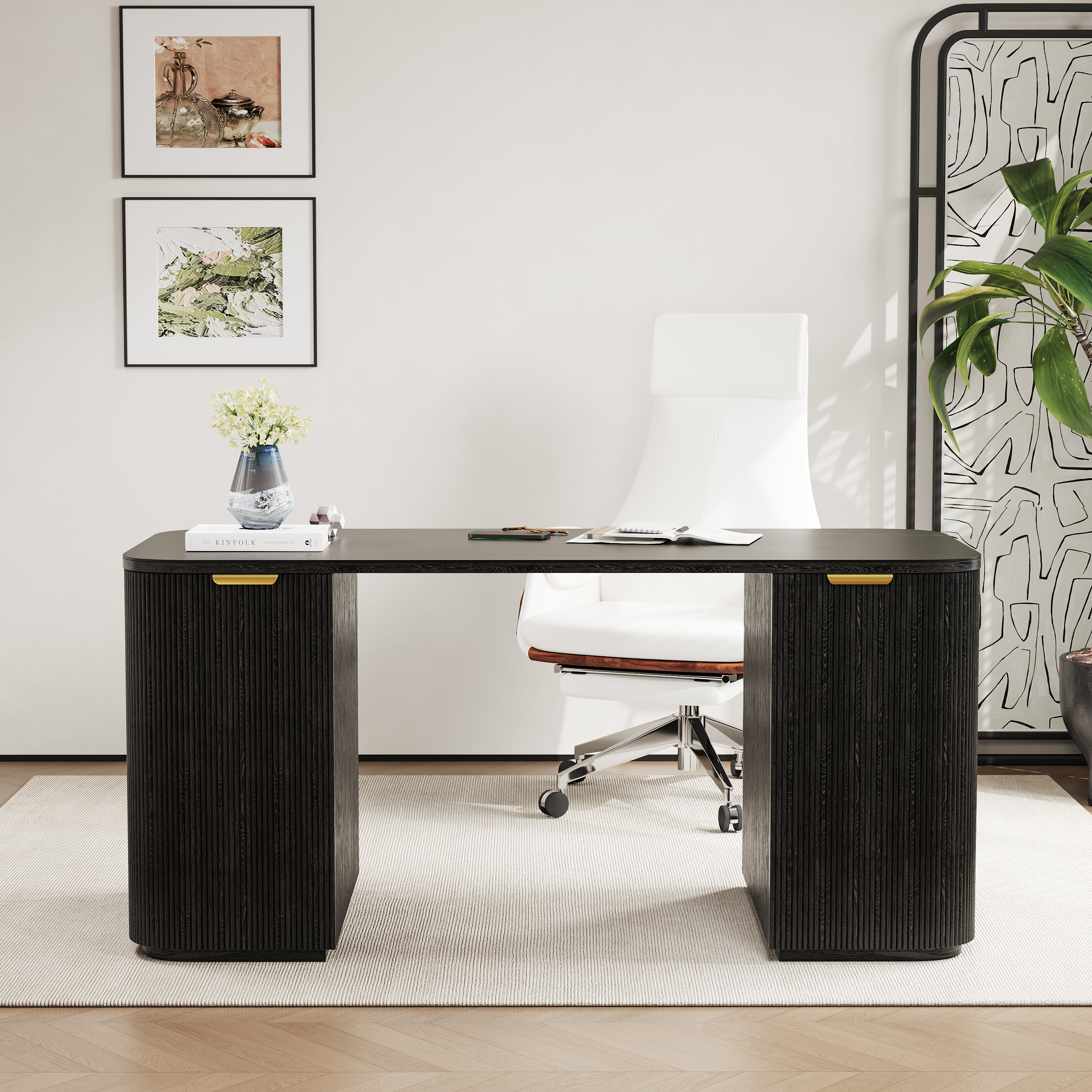 Marble Rectangle Home Office Desk with 6 Drawers Black Executive Writing Desk (63.8")