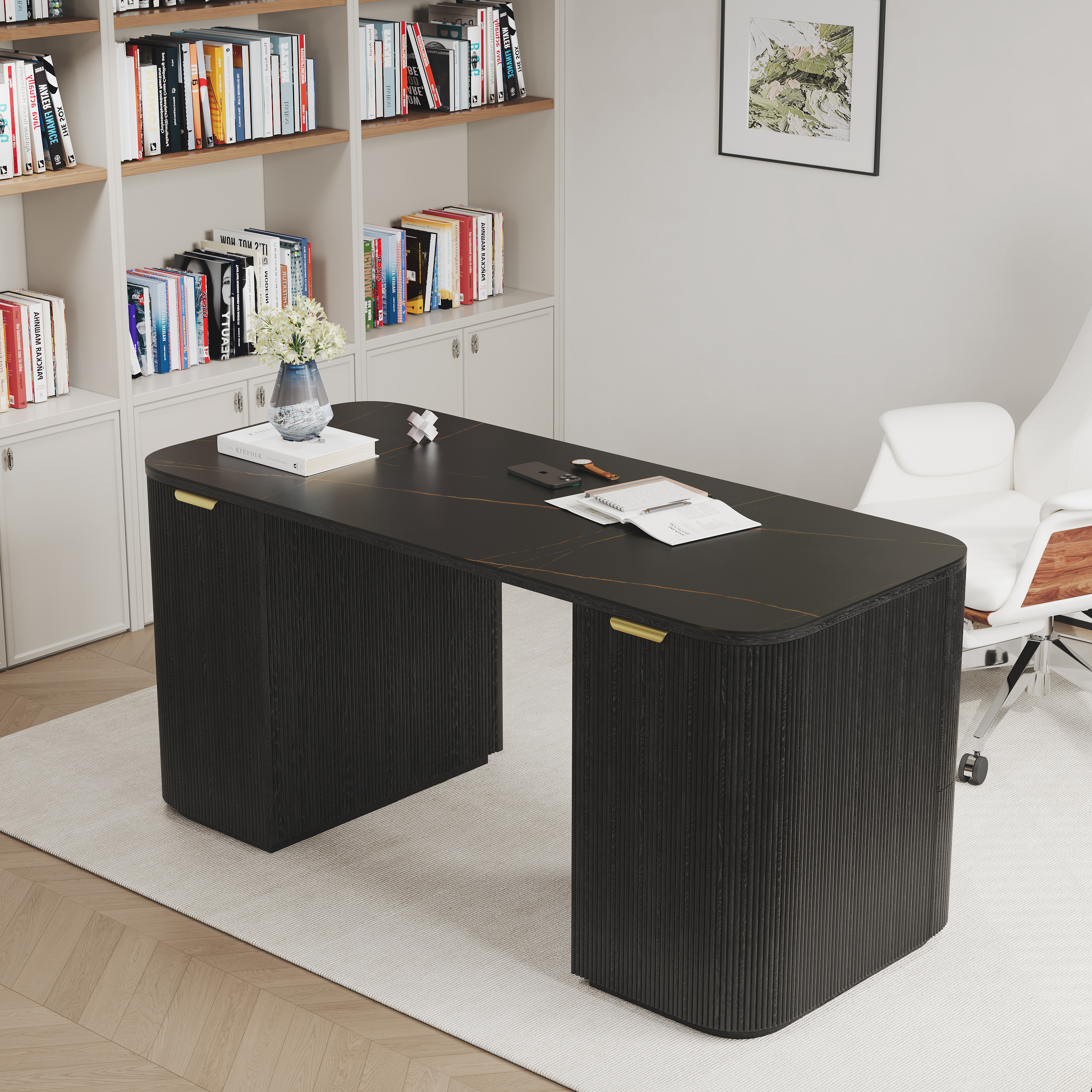 Marble Rectangle Home Office Desk with 6 Drawers Black Executive Writing Desk (63.8")