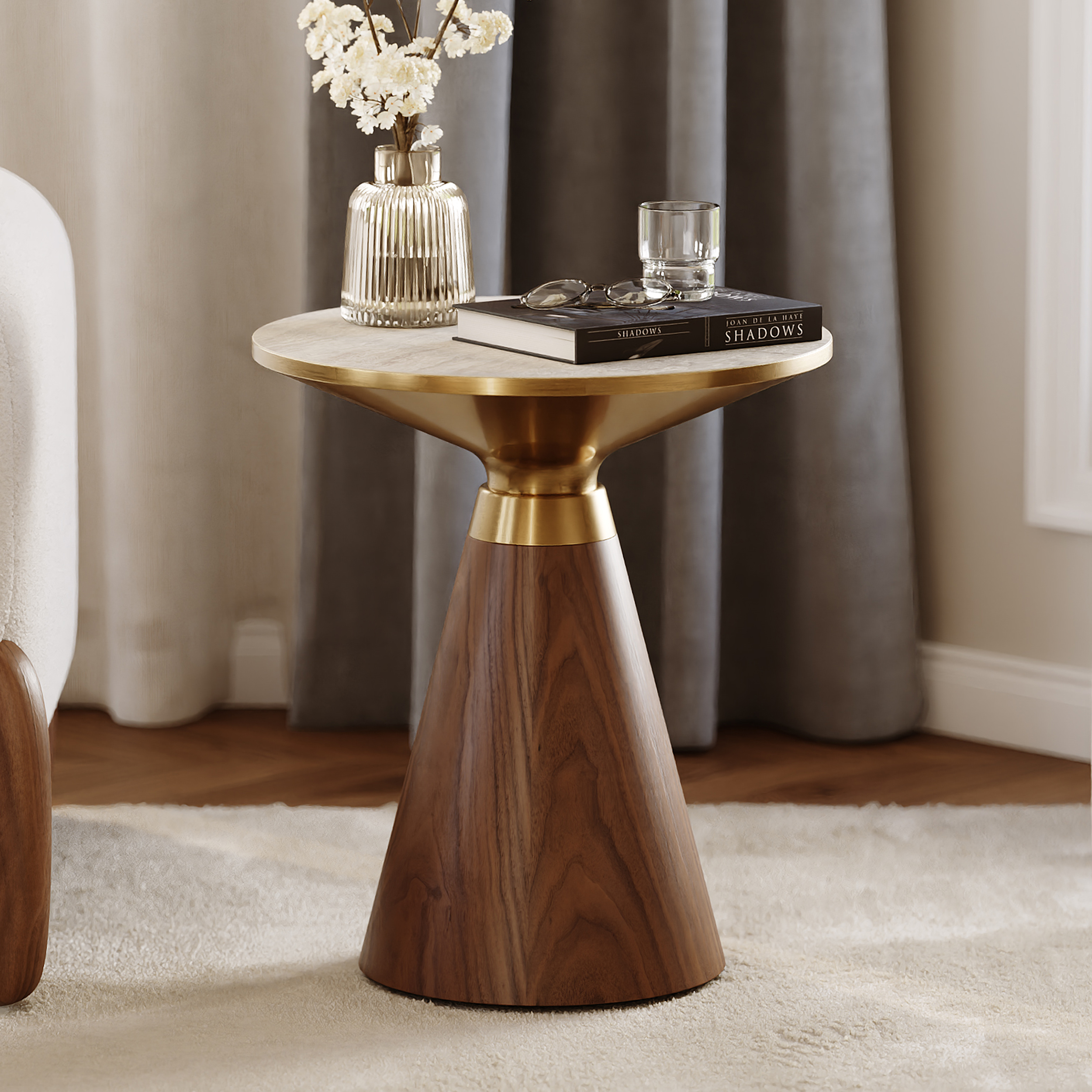 Round Walnut End Table with Travertine Top