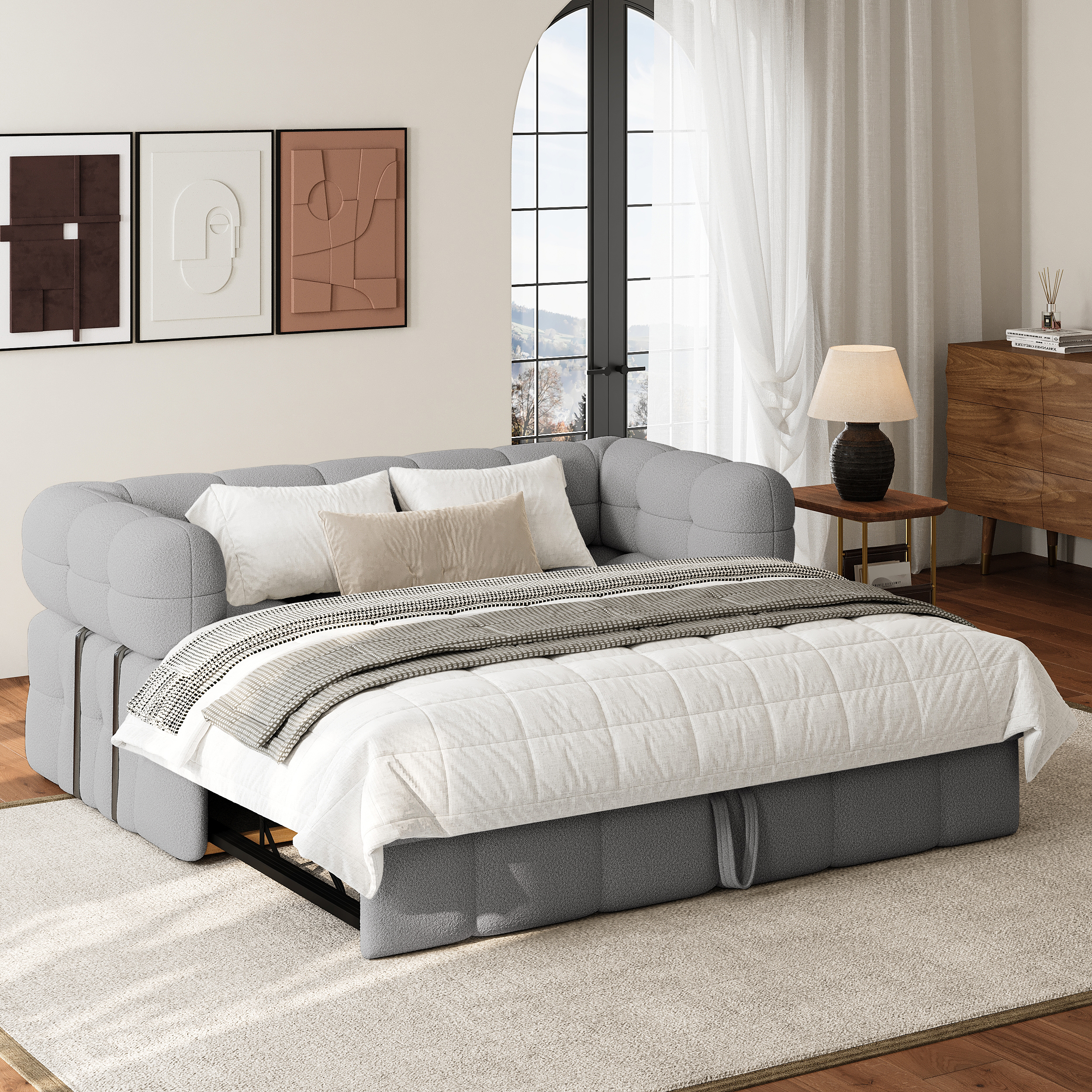 66'' Boucle Convertible Pull out Sofa Bed Couch 2 Seater Queen Sleeper Couch with Storage