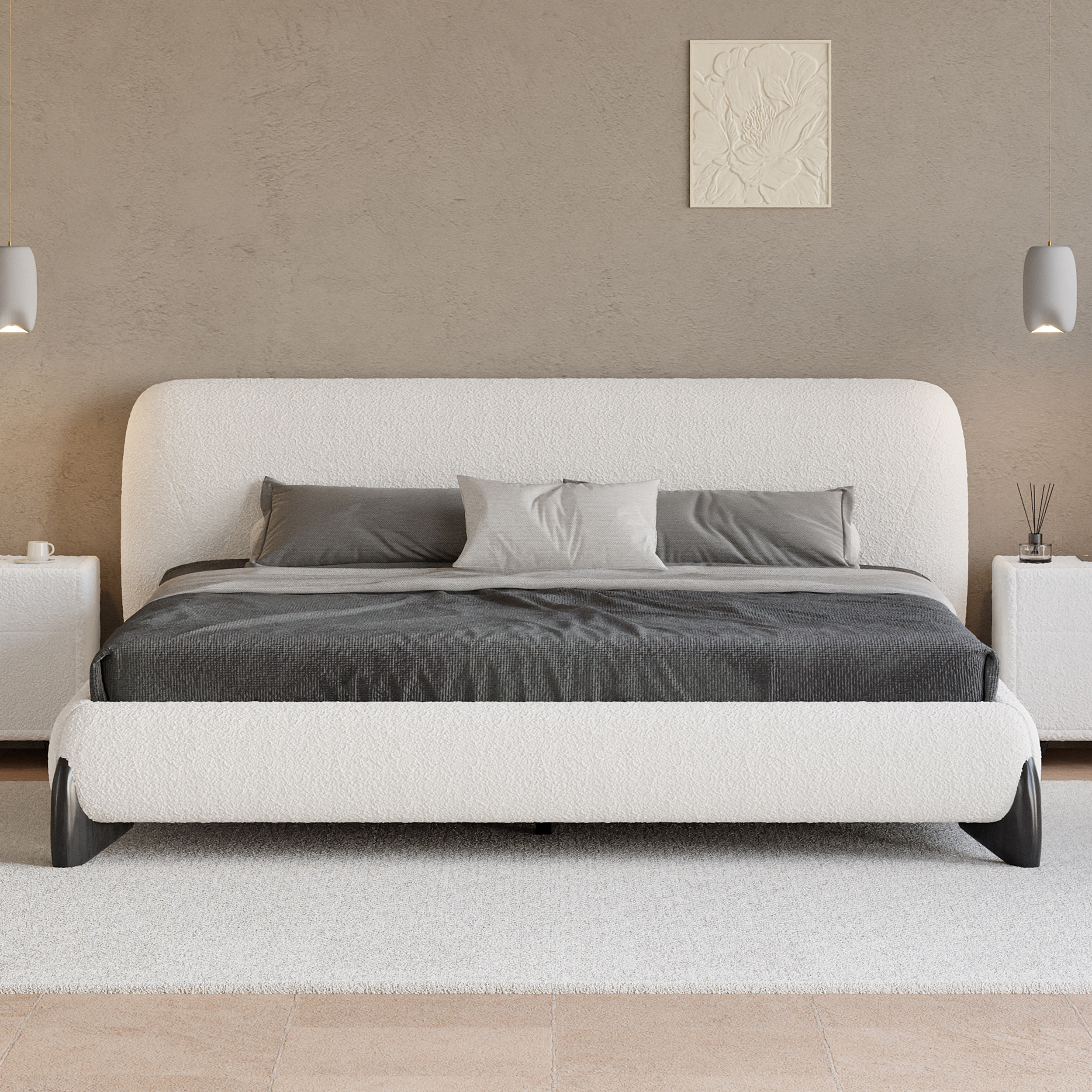 Homary King Size Modern Upholstered Bed Frame with Headboard White Boucle Mid-Century Modern Platform