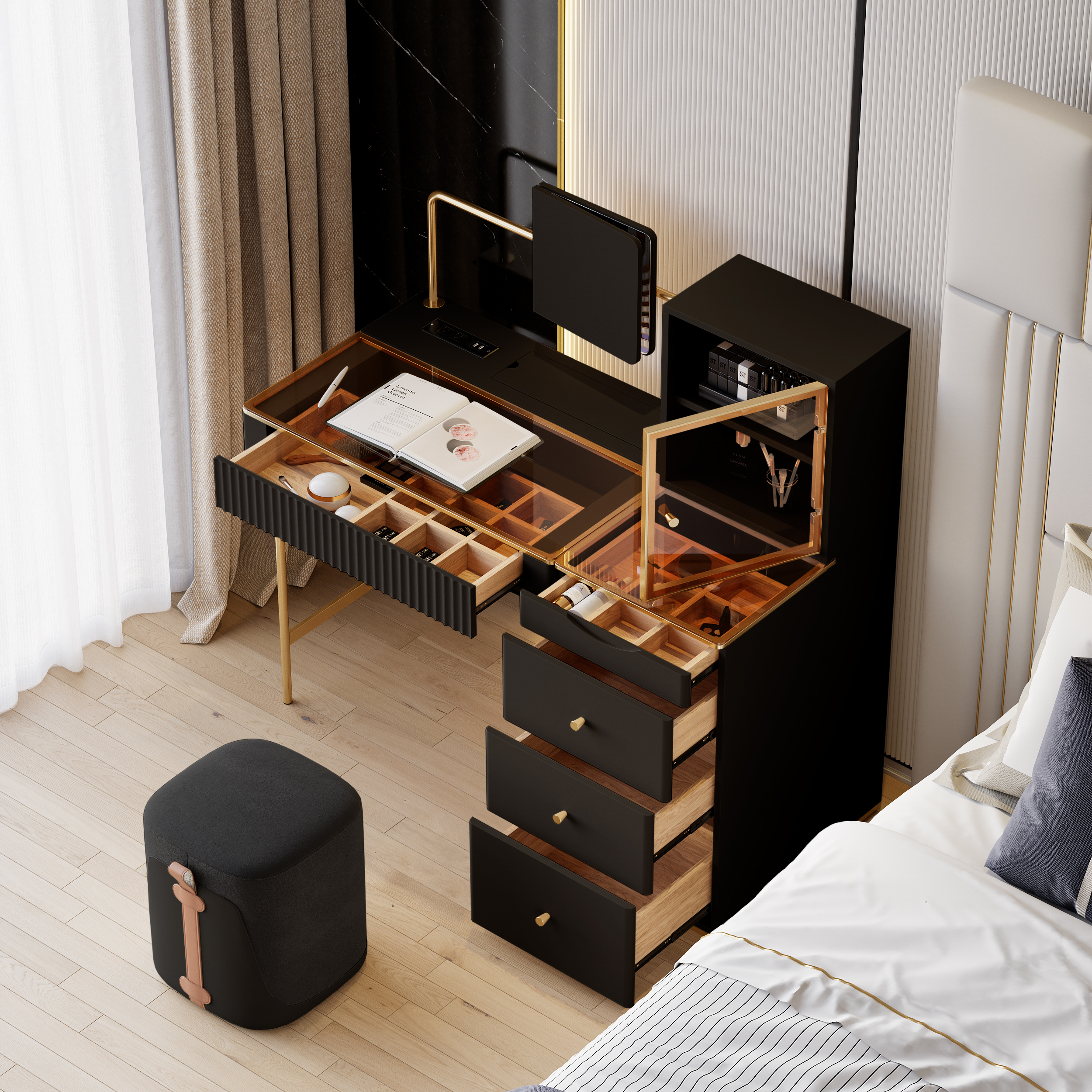 Modern Makeup Vanity Set Dressing Table with Jewelry Storage & Cabinet & Stool