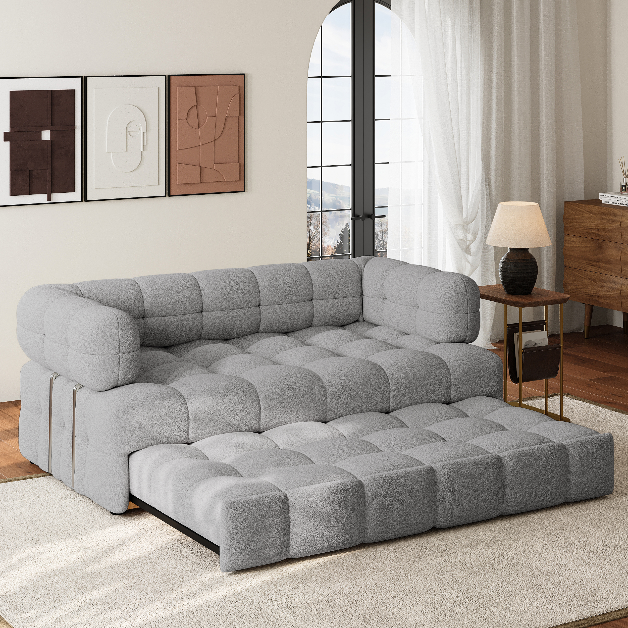66'' Boucle Convertible Pull out Sofa Bed Couch 2 Seater Queen Sleeper Couch with Storage