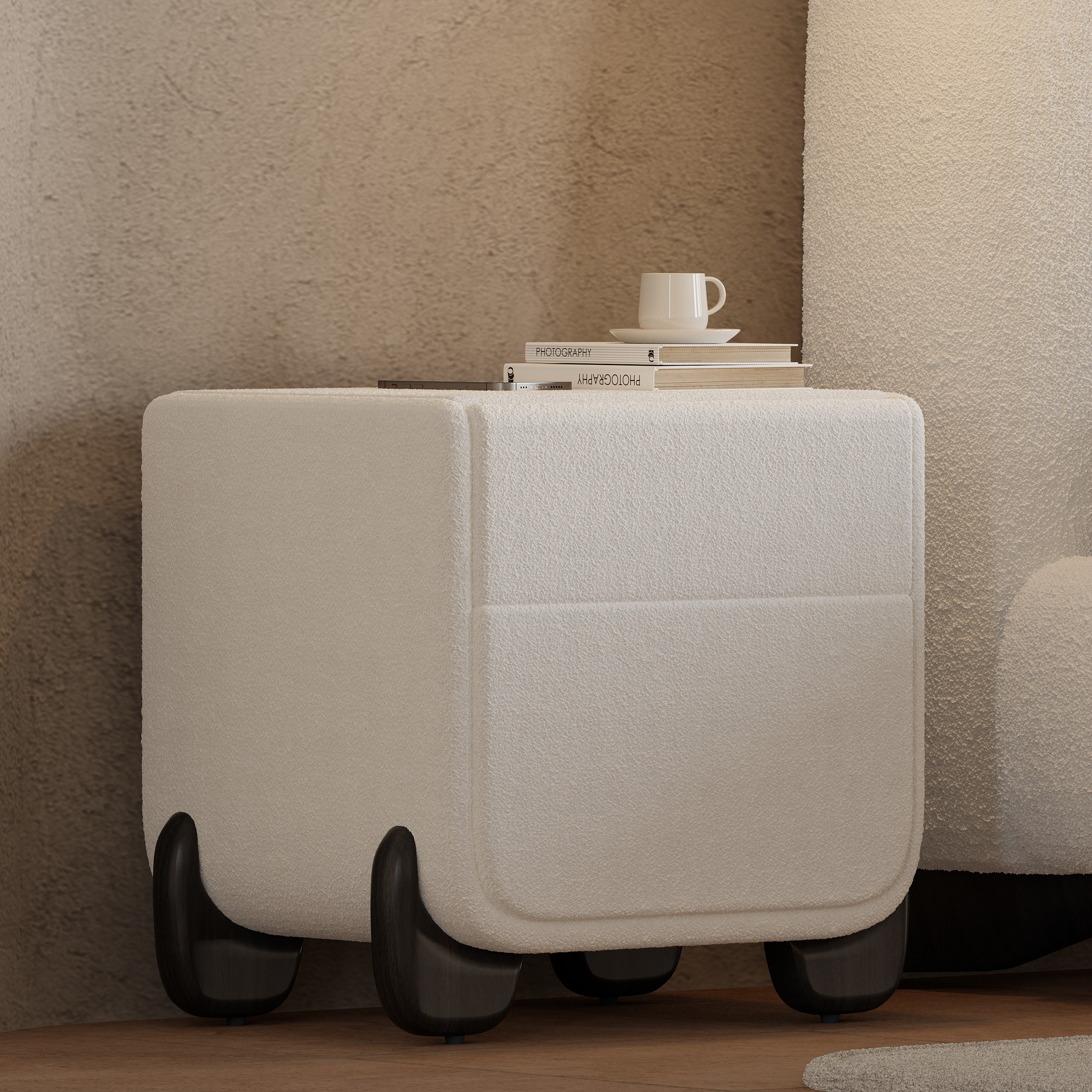 Mesita de noche Curva Smart Boucle con patas de madera y 2 cajones en color blanco, juego de 2