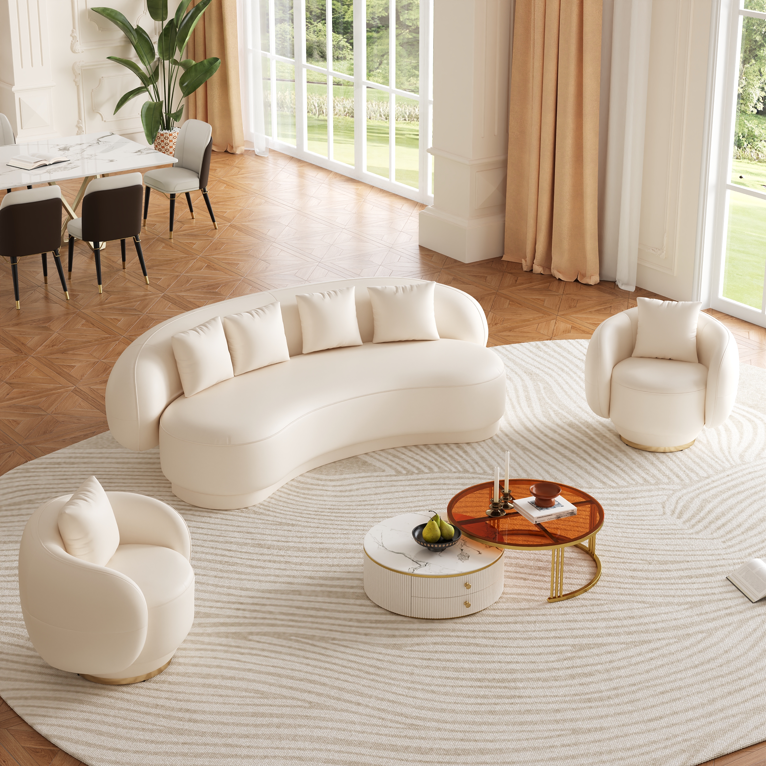 Suncurve Faux Leather 3-Seat Sofa Set with Swivel Accent Chairs Set of 2