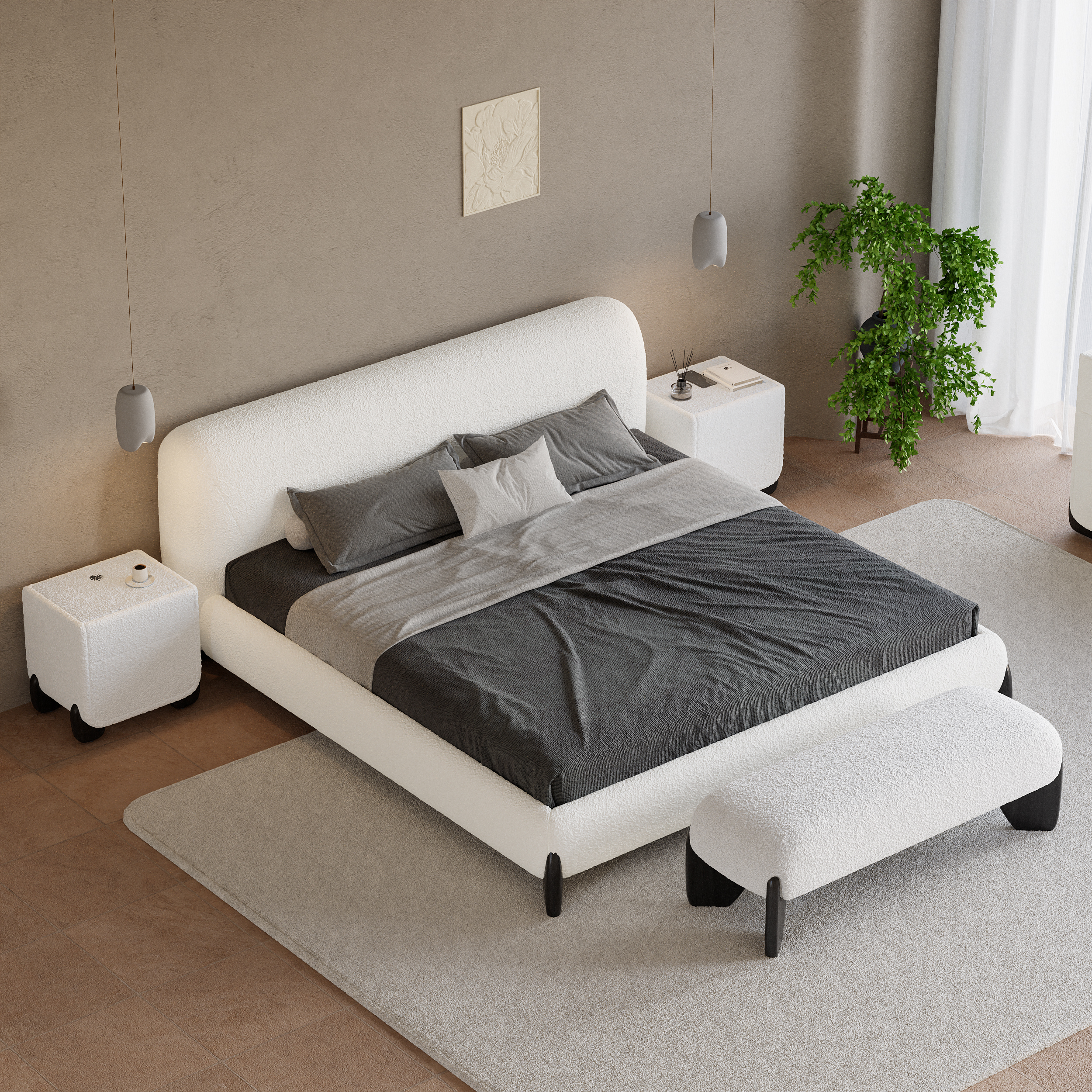Homary King Size Modern Upholstered Bed Frame with Headboard White Boucle Mid-Century Modern Platform