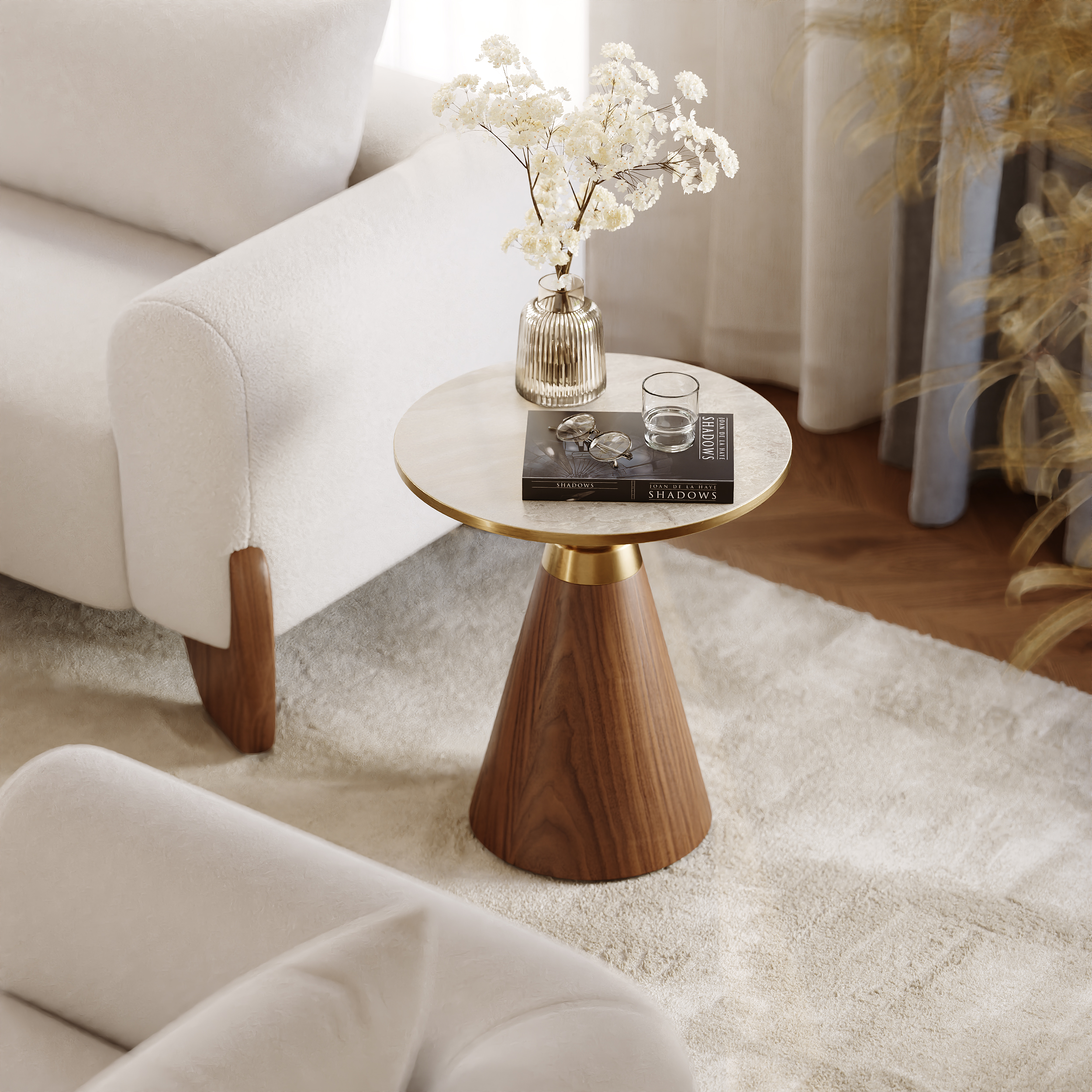 Round Walnut End Table with Travertine Top