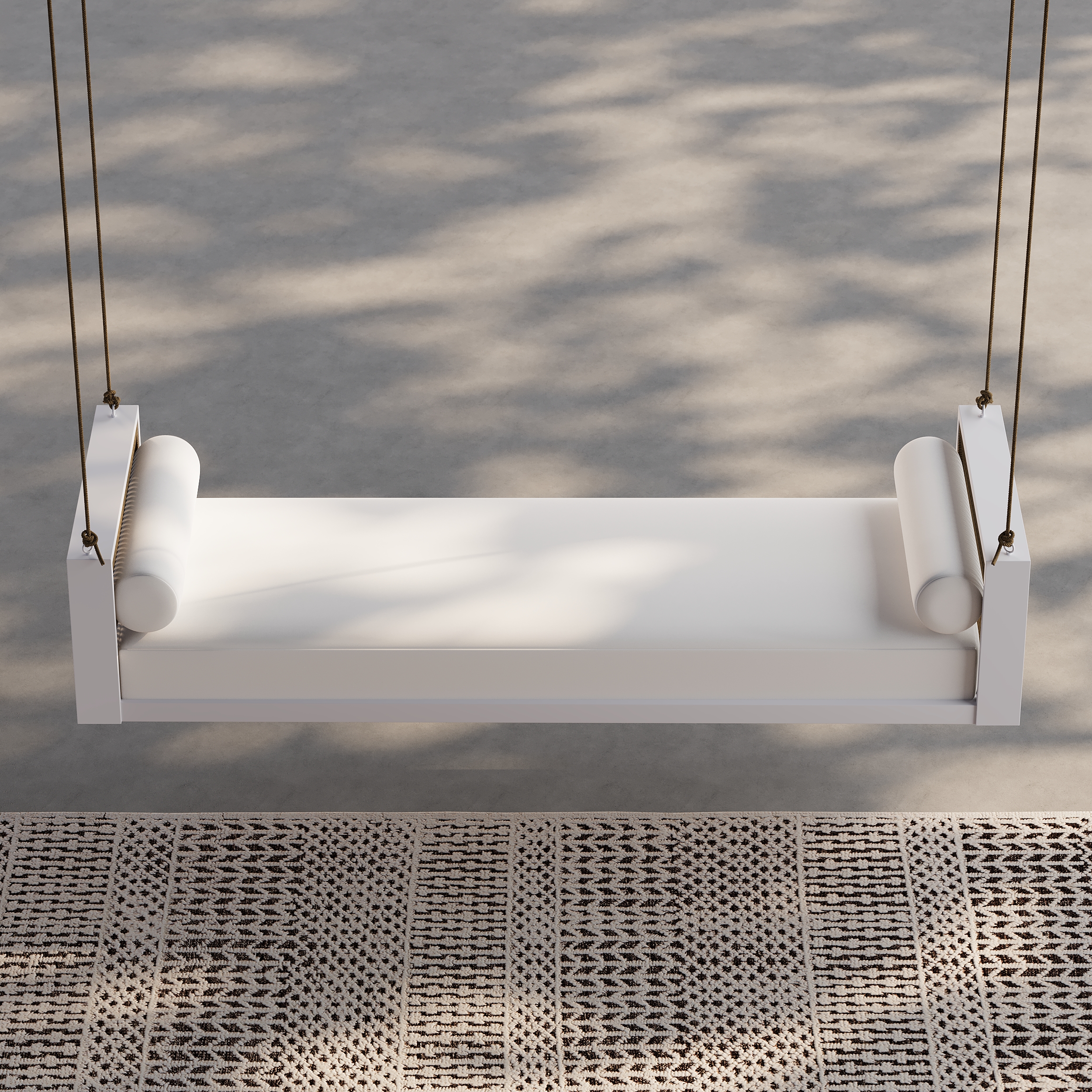 Patio Woven Rope Hanging Daybed Exterior Porch Swing Chair Sofa in White Cushion & Pillow