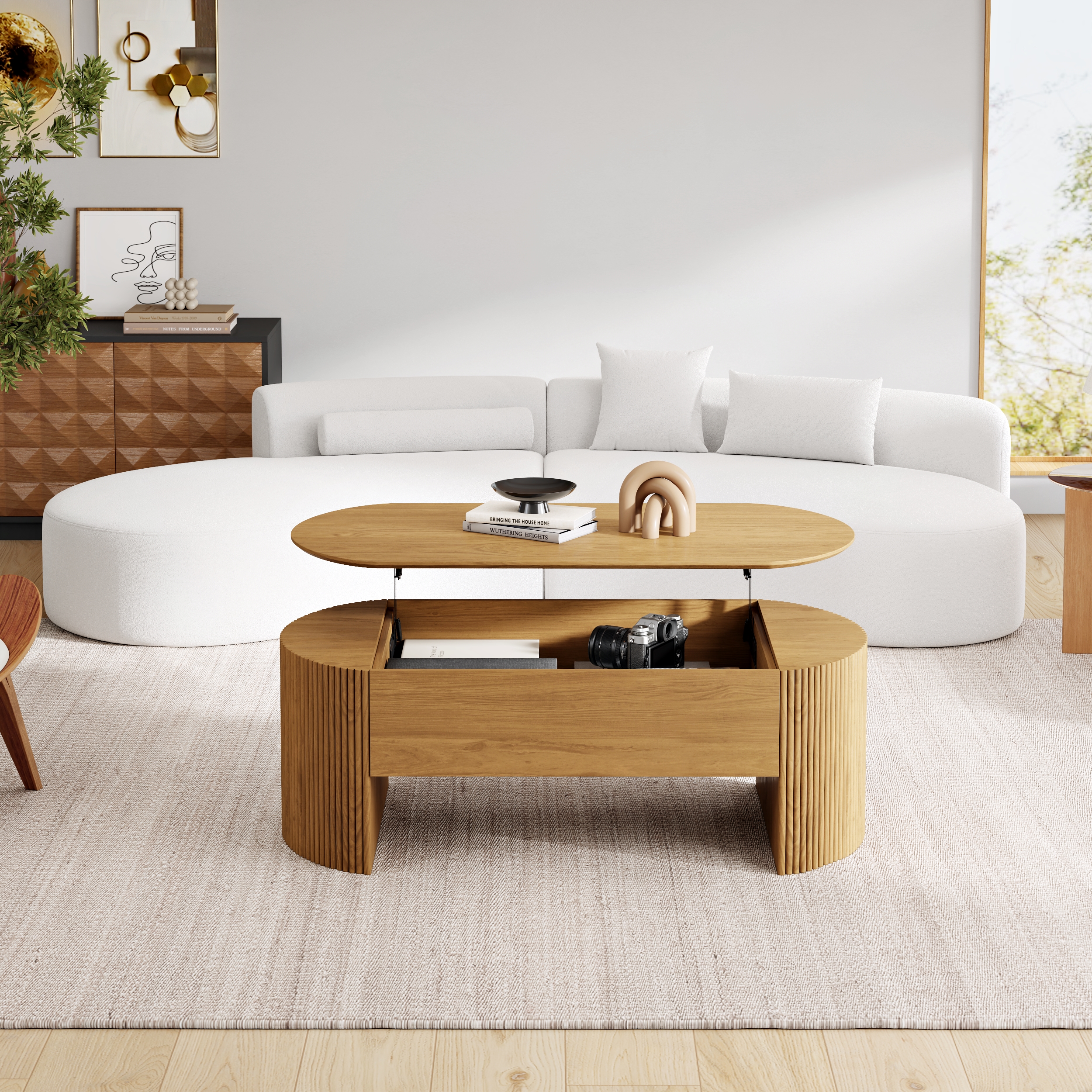 Natural Oval Lift Top Mid-Century Modern Coffee Table