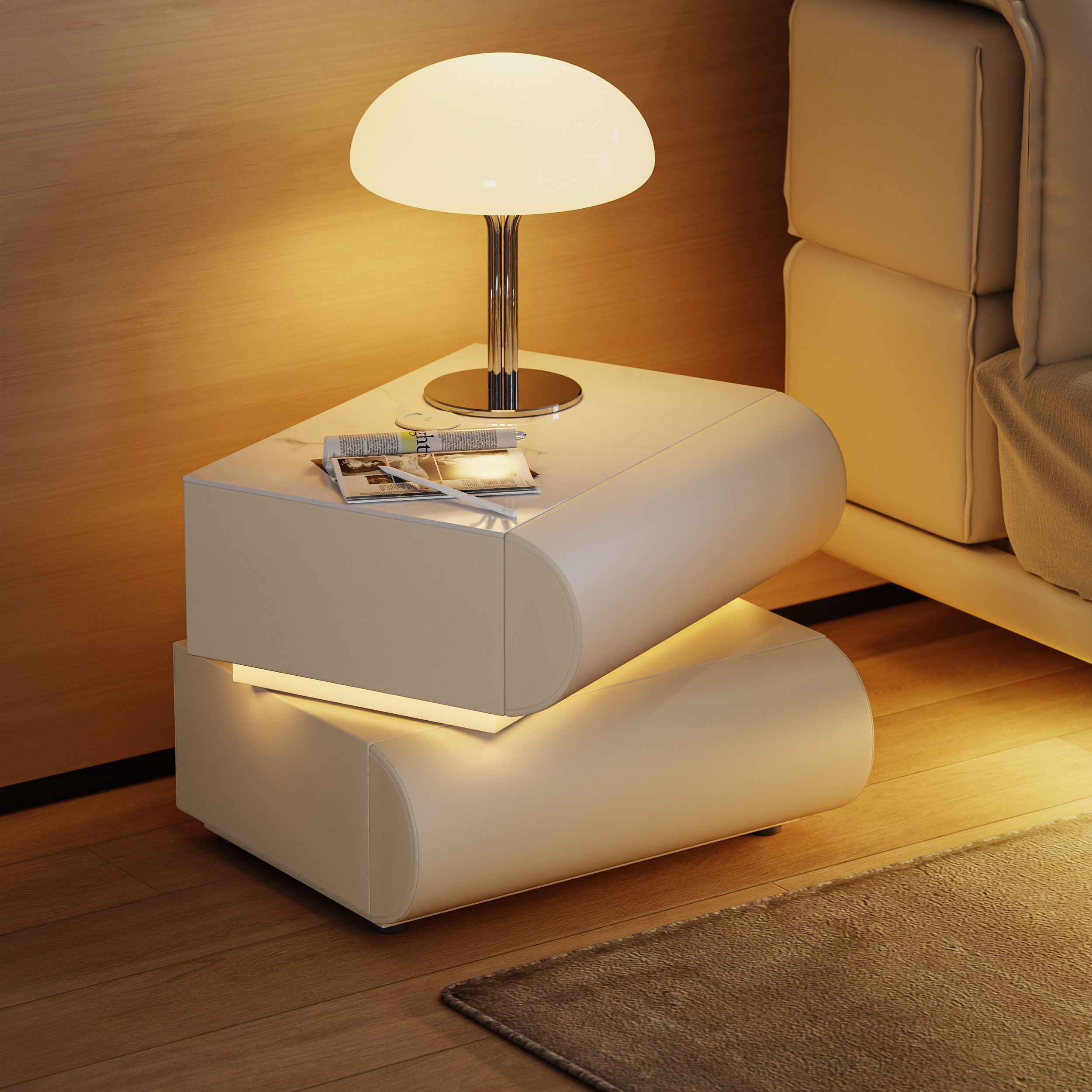 Modern White Leather Smart LED Nightstand with Wireless Charger 2 Drawers Bedside Table with USB & Type-C Ports Set of 2