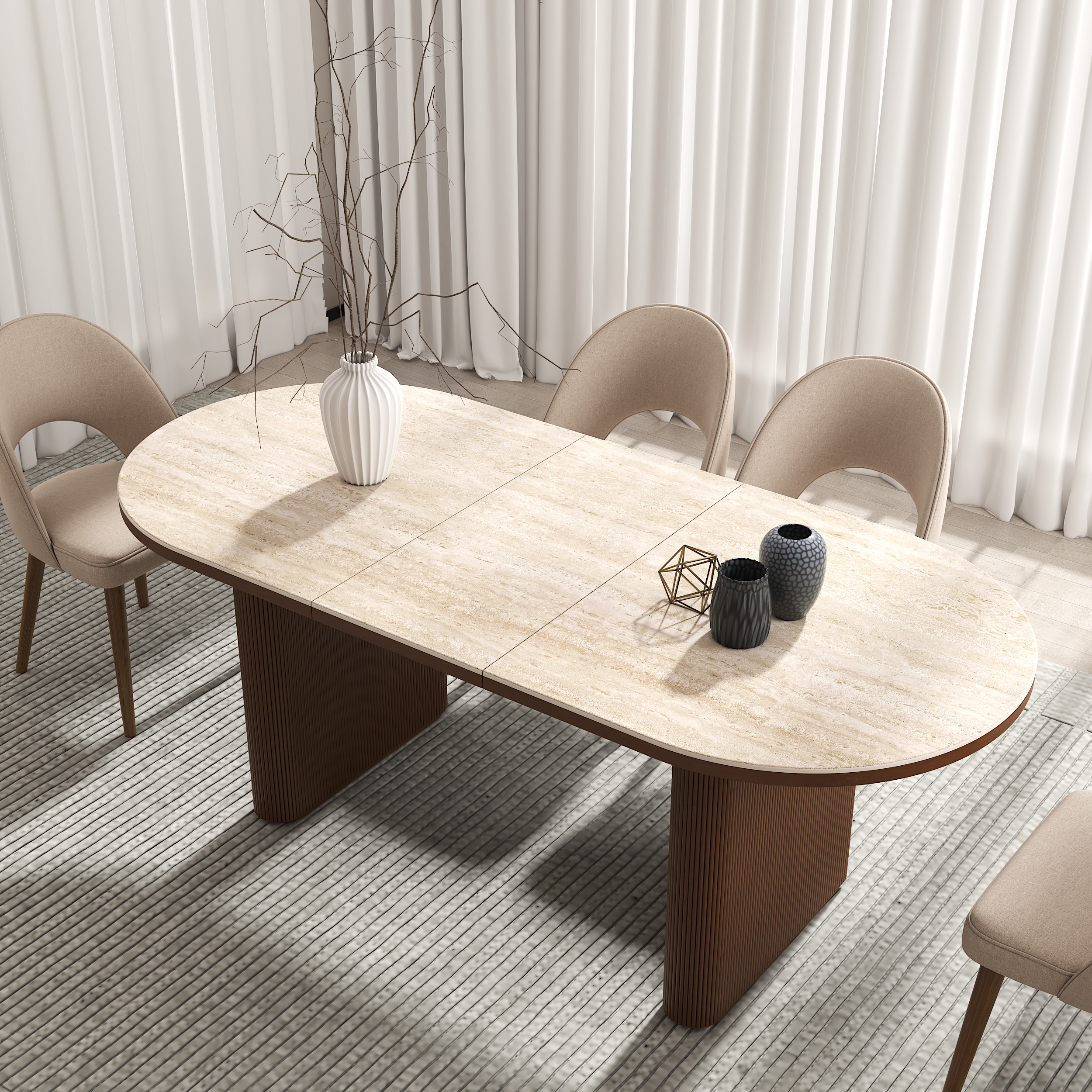 Mesa de comedor ovalada de 79 a 95 pulgadas, extensible, superficie de piedra sinterizada con hojas de mariposa, 6 a 10 plazas, travertino mate